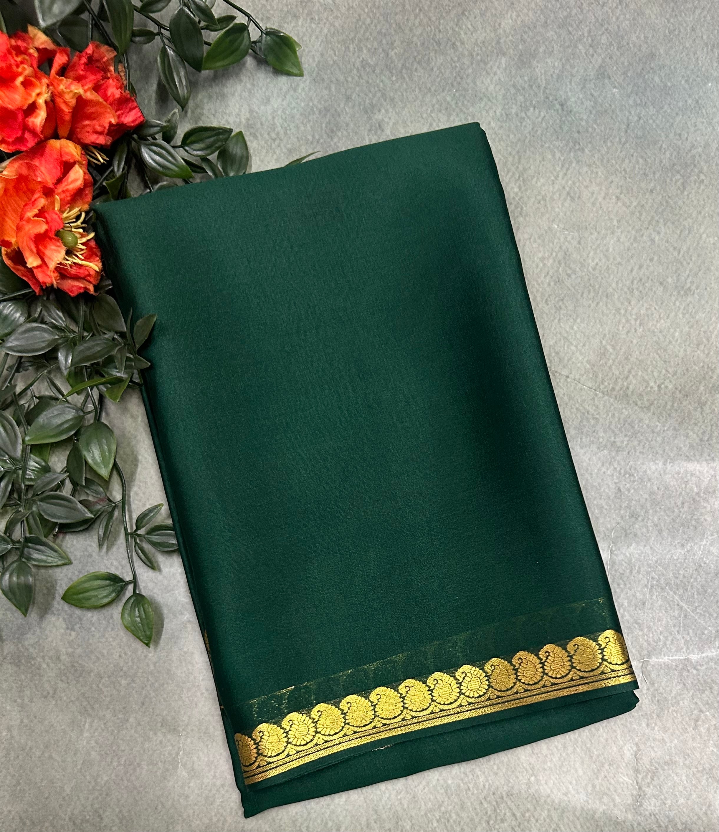 Bottle green pure Mysore crepe silk saree