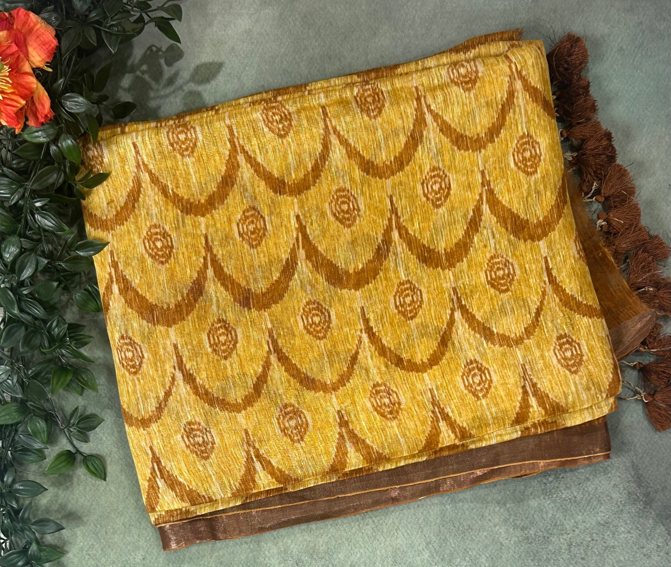 Mustard yellow pure linen saree