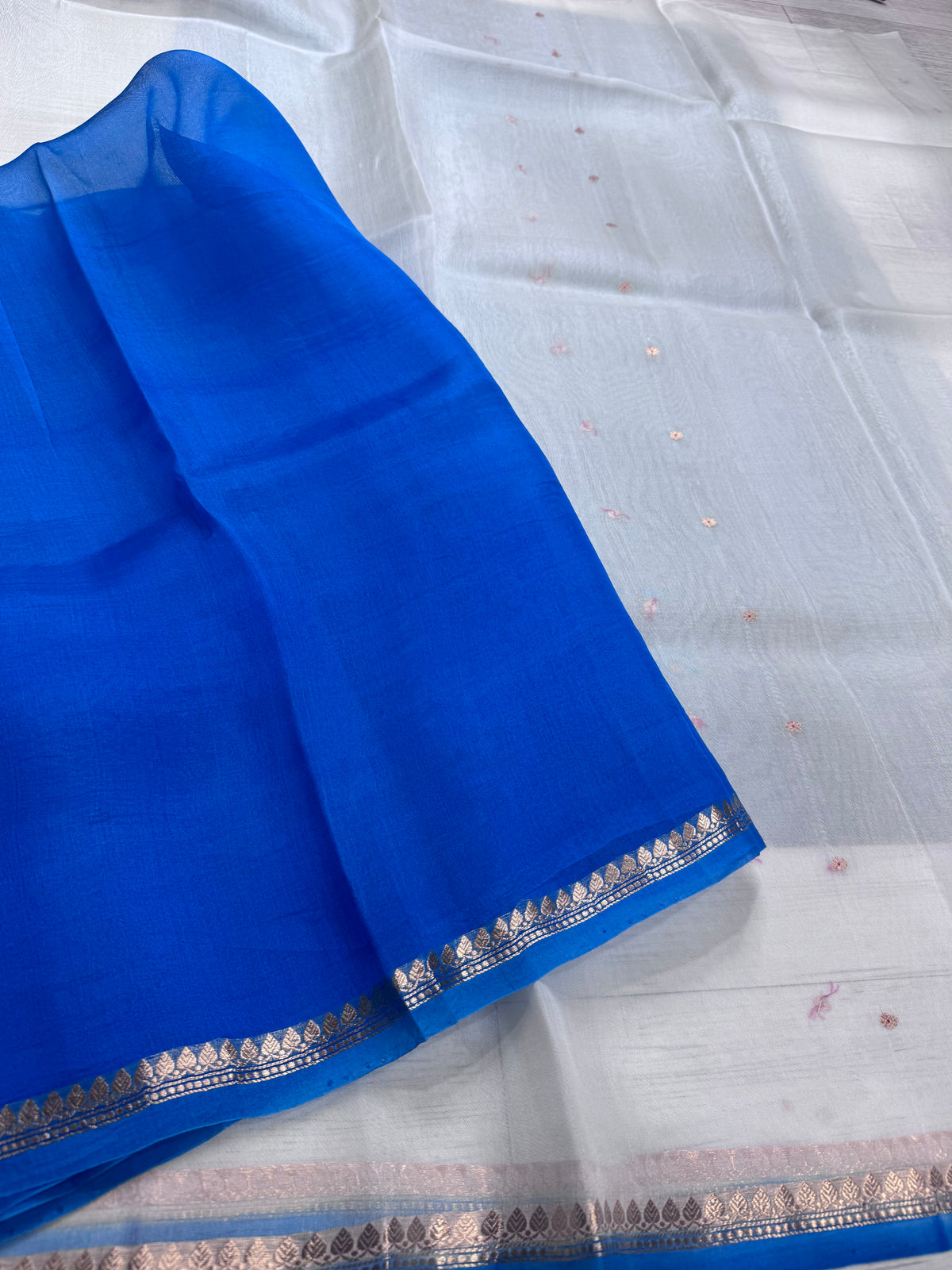 White n blue pure Kora Organza Saree 111