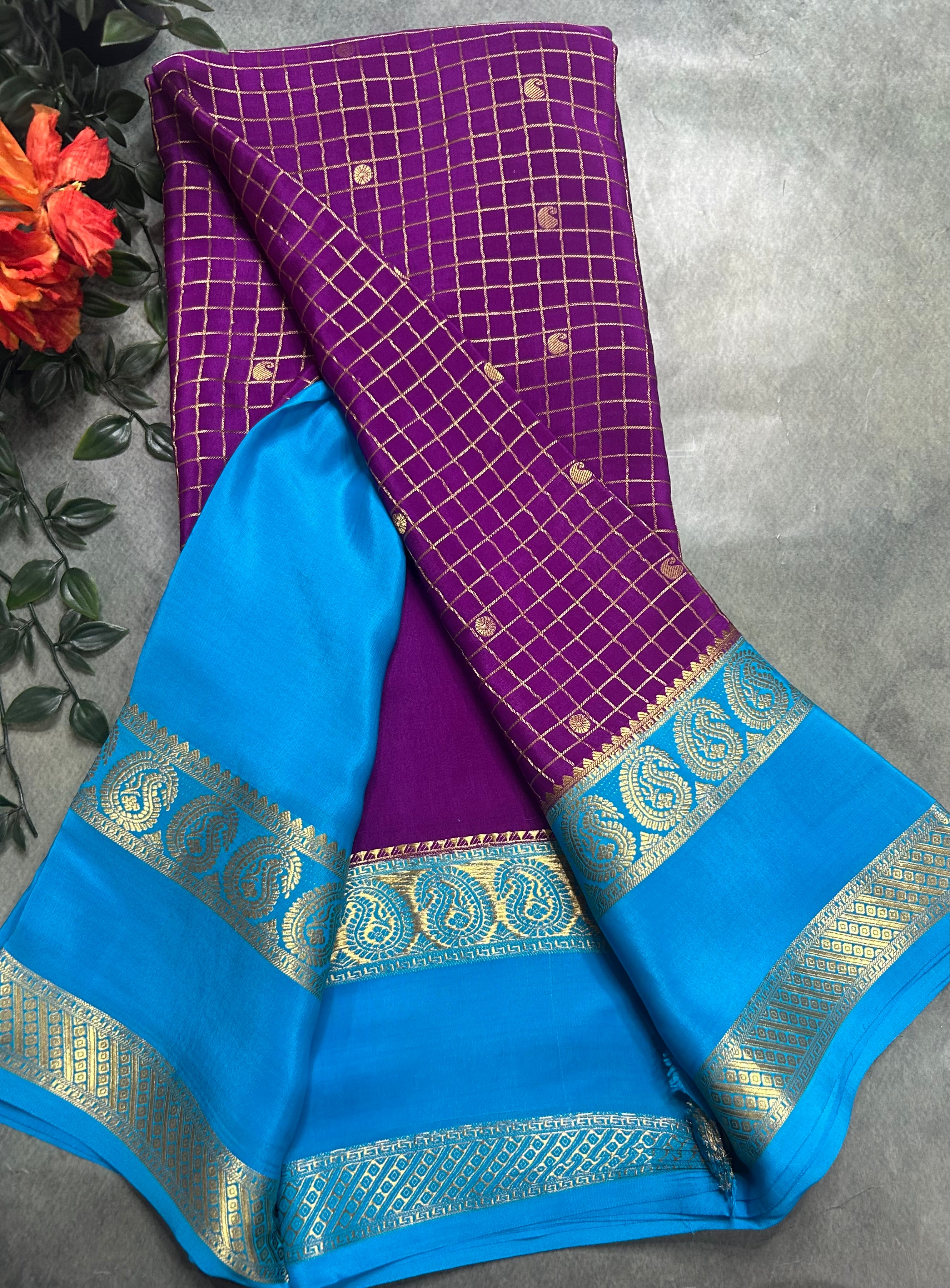 Purple small checks pure Mysore silk 105 saree