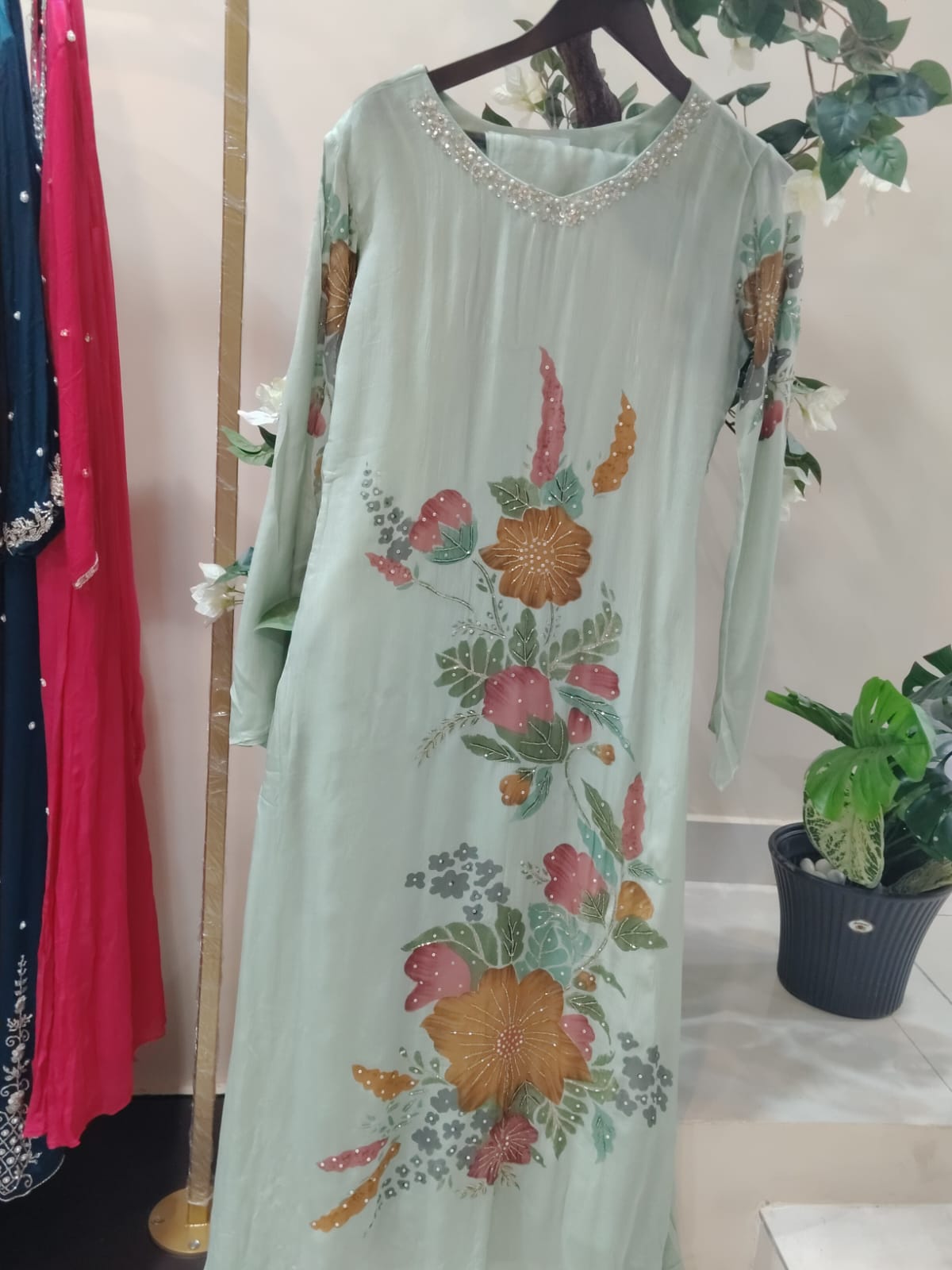 Green Airline Chinnon Hand Embroidery Kurtha 765