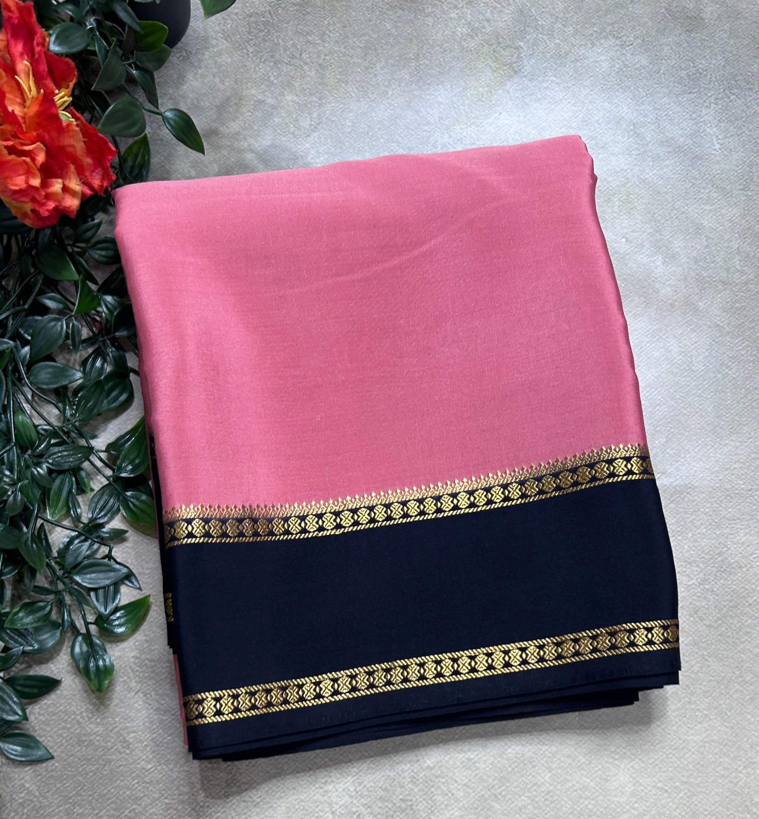 Peach n black plain bentex border pure mysore silk saree(BMS105)