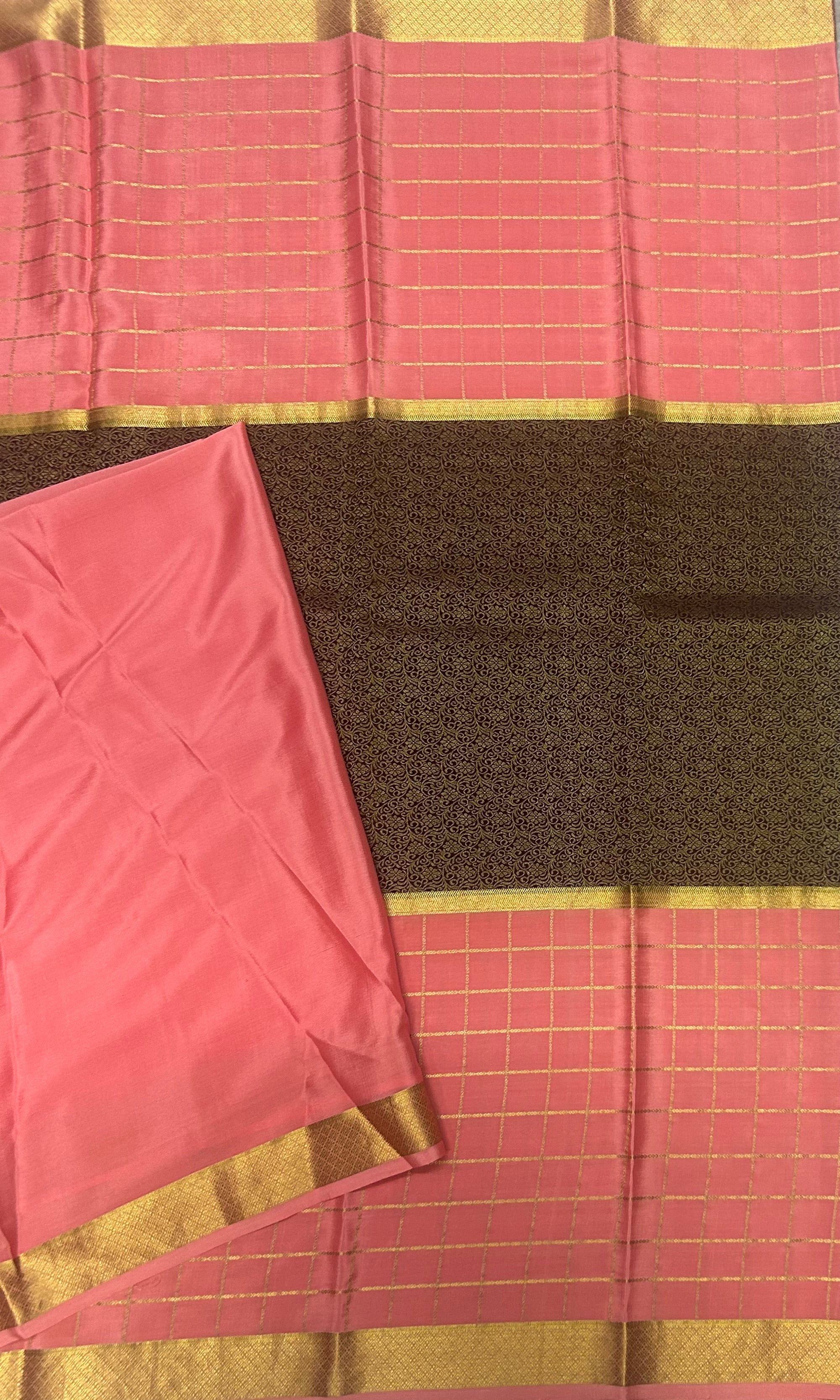 Pastel pink n dark brown pure Mysore crepe silk 103 saree