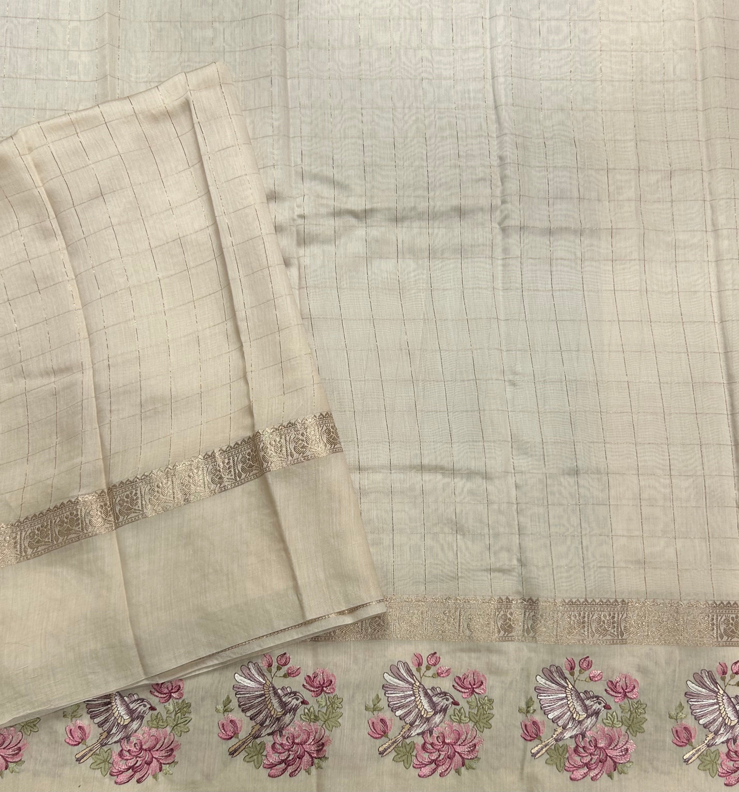 Cream checks embrodiery soft tussar crepe 104 saree