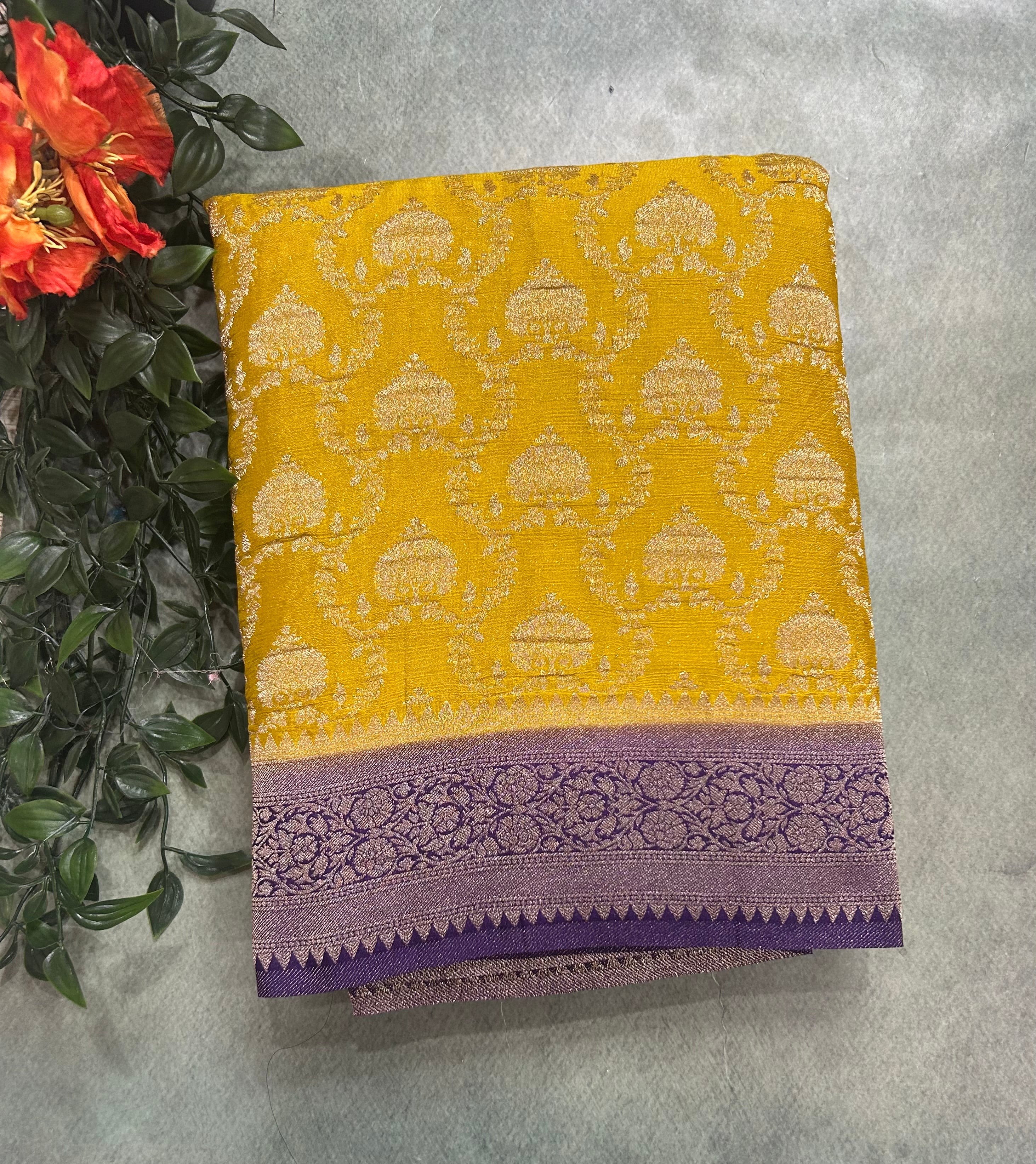 Mustard yellow contrast Jaal brocade semi georgette 104 saree