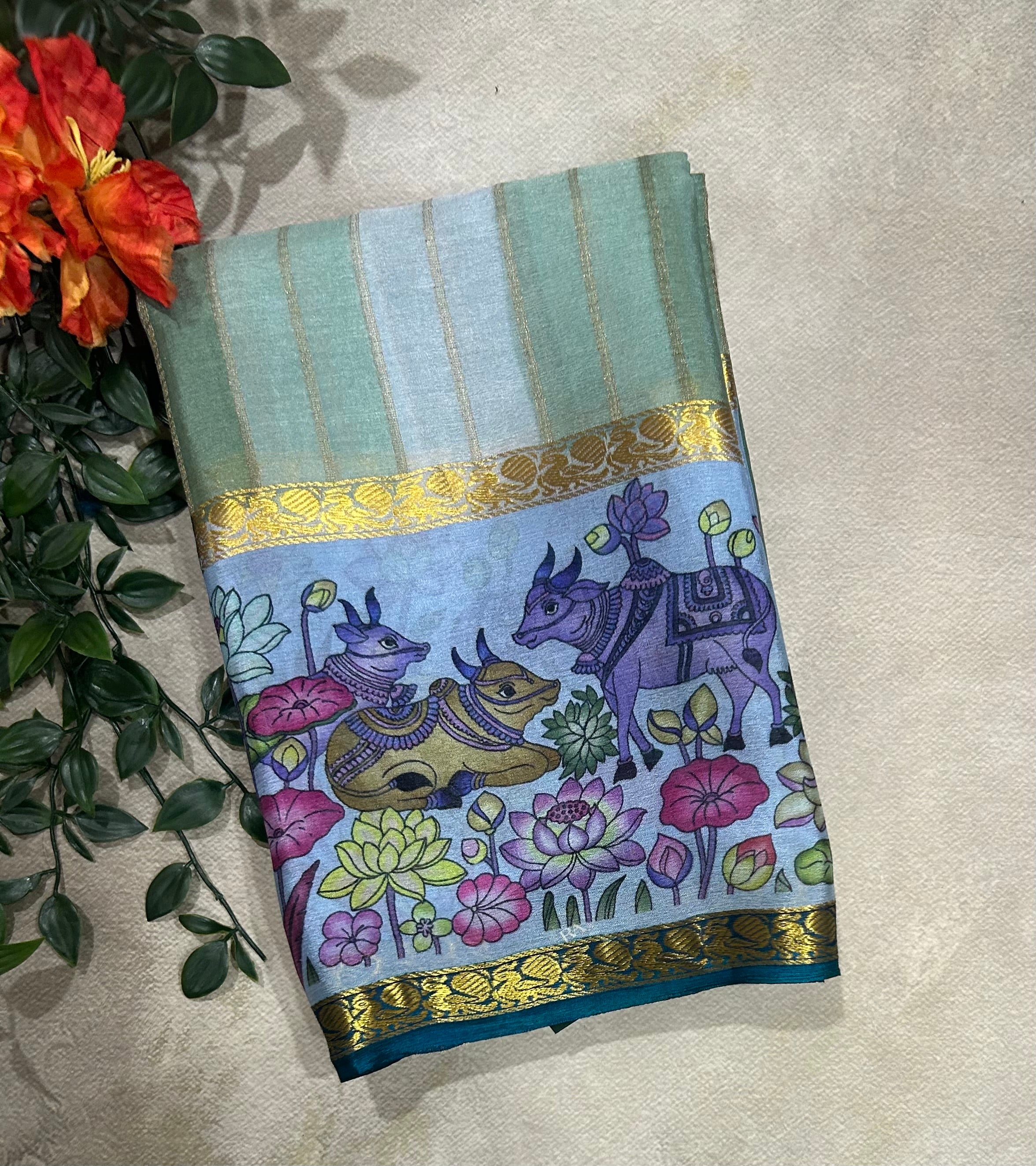Rankart kalamkari border pure wrinkle 103 crepe silk saree