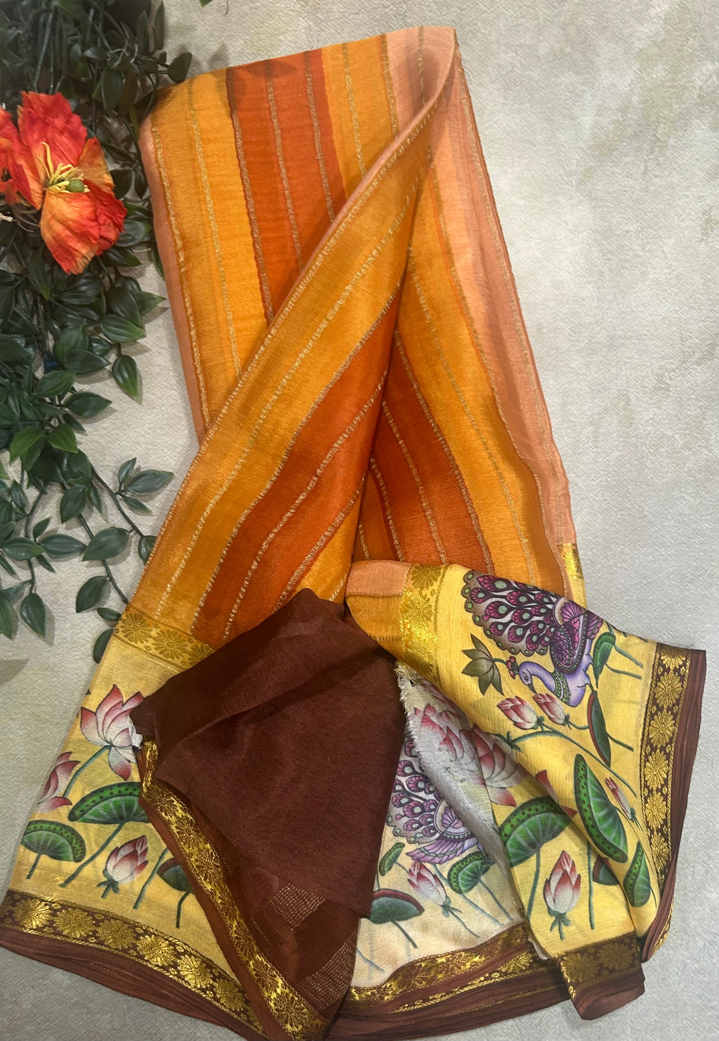 Rankart kalamkari border pure wrinkle 103 crepe silk saree