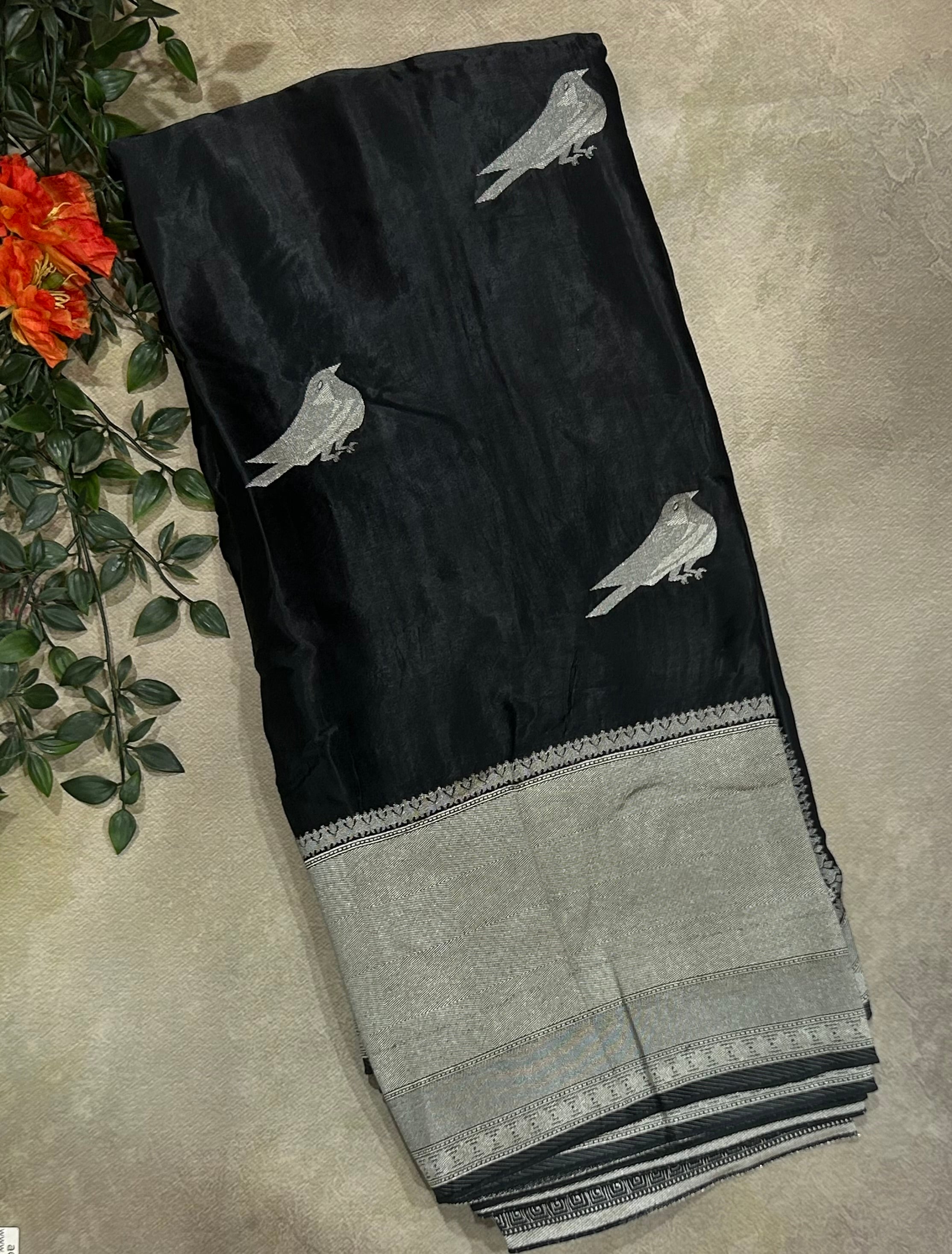 Black sparrow butta benarasi satin silk saree