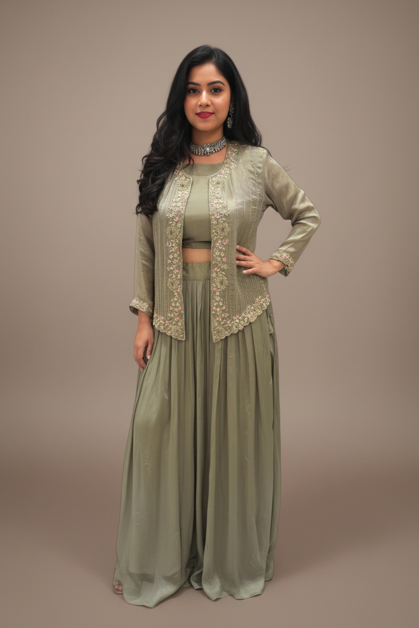 “Pari" Green chinnon handwork partyware skirt Jacket Indowestern Kurtha 43 cape set