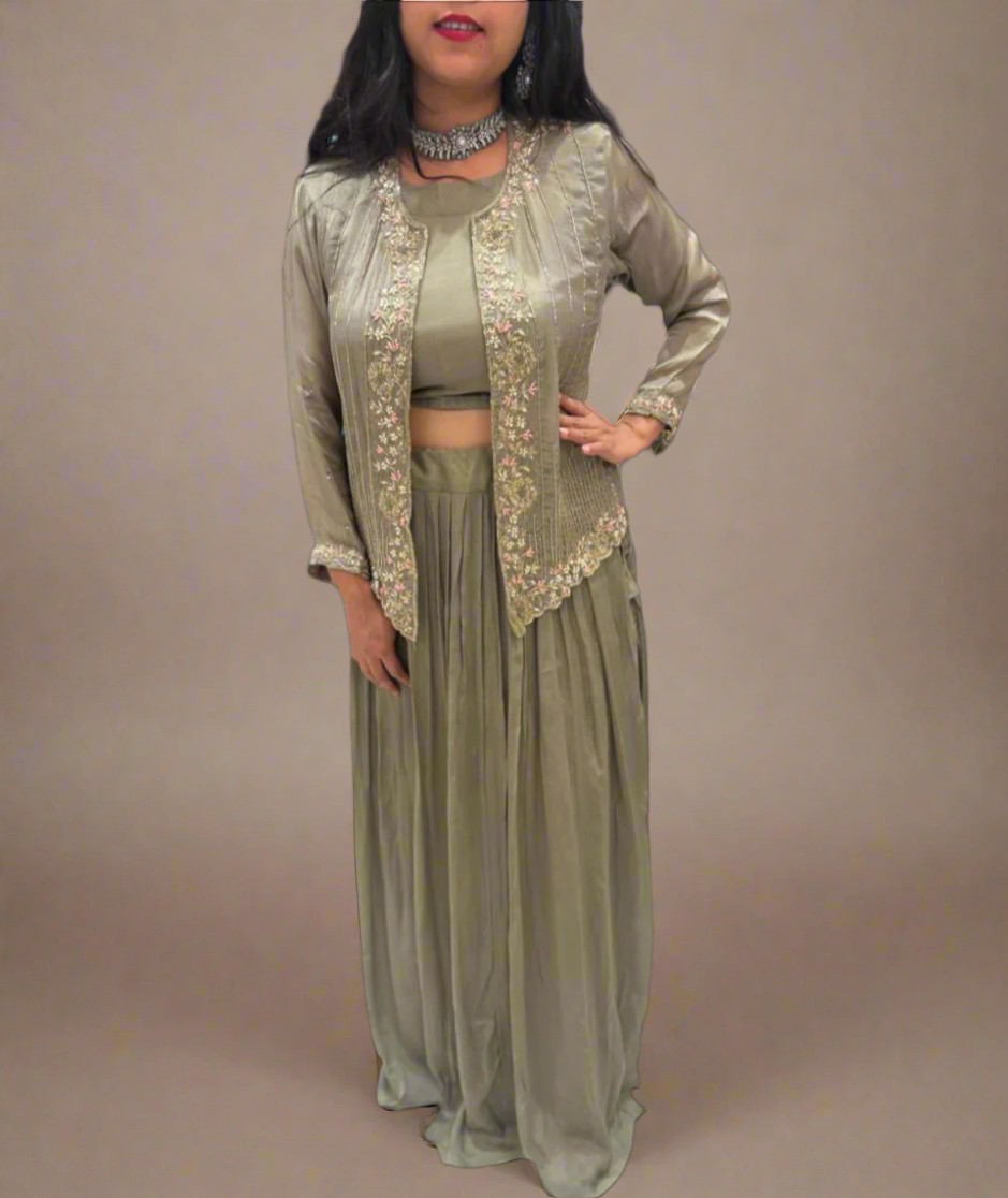 “Pari" Green chinnon handwork partyware skirt Jacket Indowestern Kurtha 43 cape set