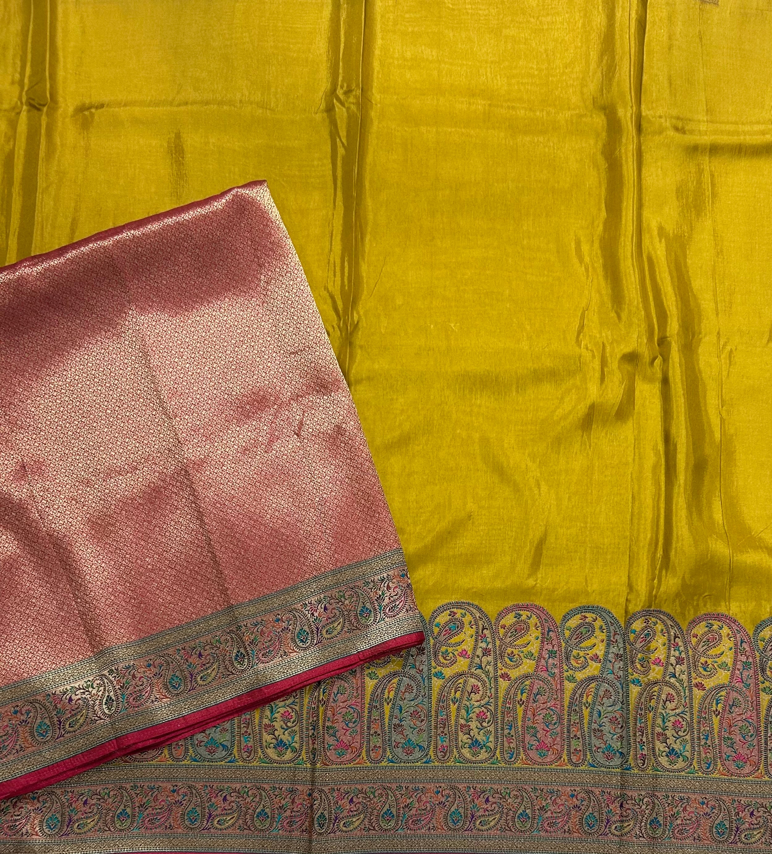 Mustard yellow pashmina satin silk crepe 106 saree