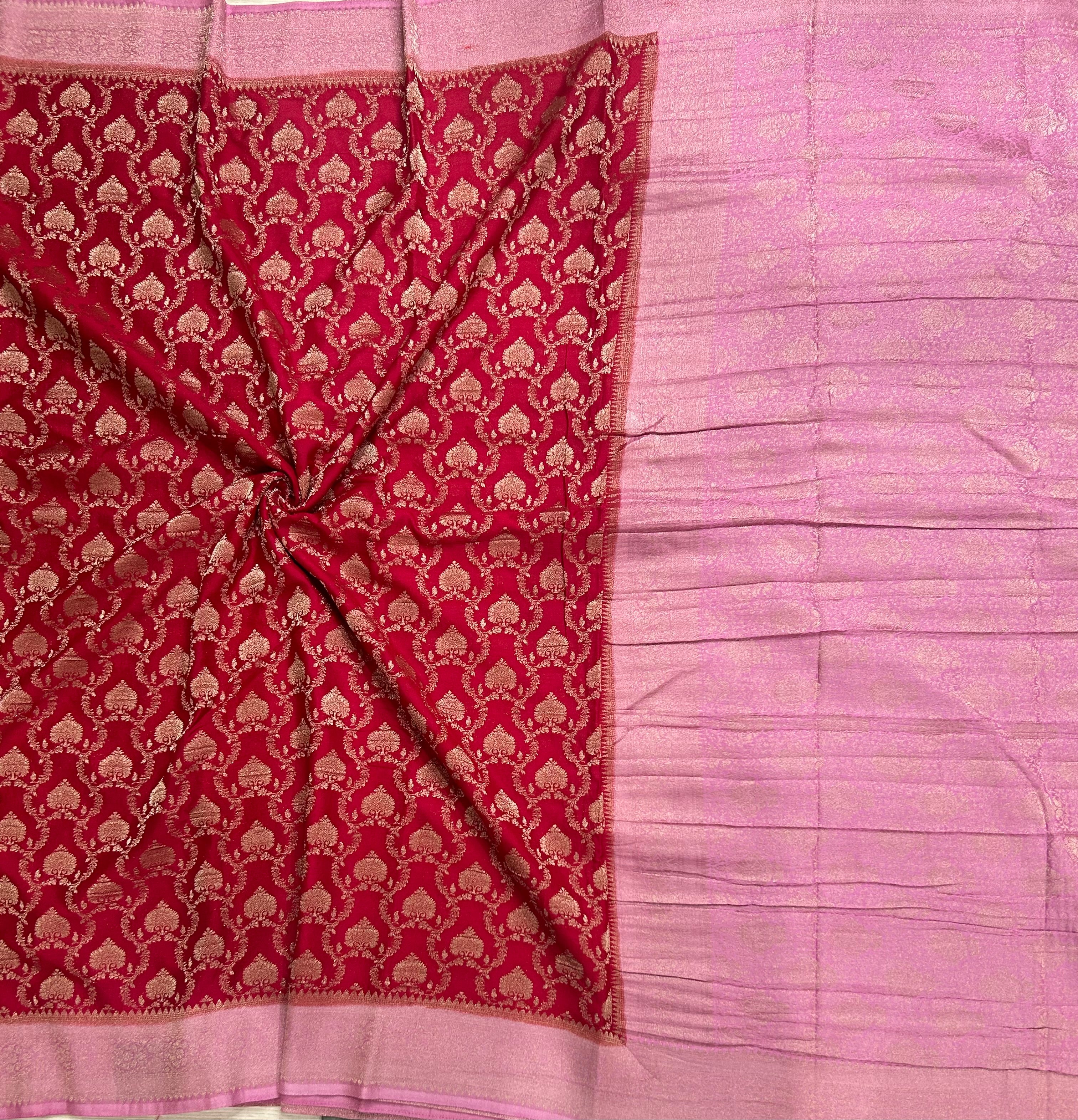 Pinkish red  contrast Jaal brocade semi georgette 104 saree
