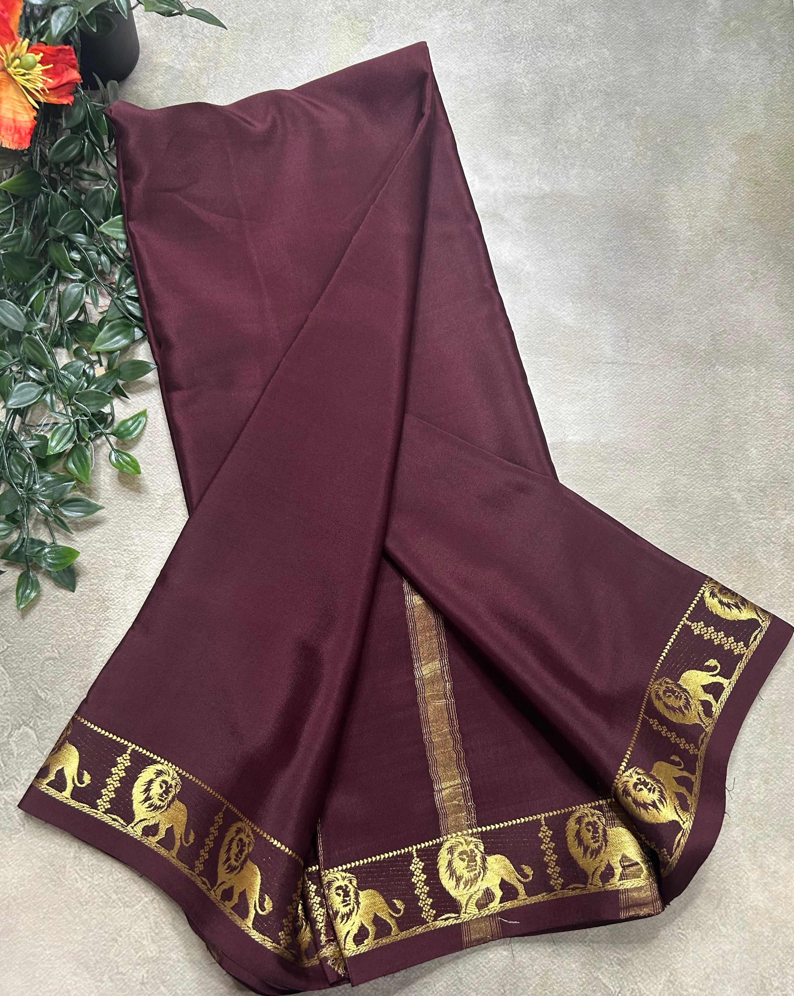 Brown lion border pure Mysore silk 105 saree