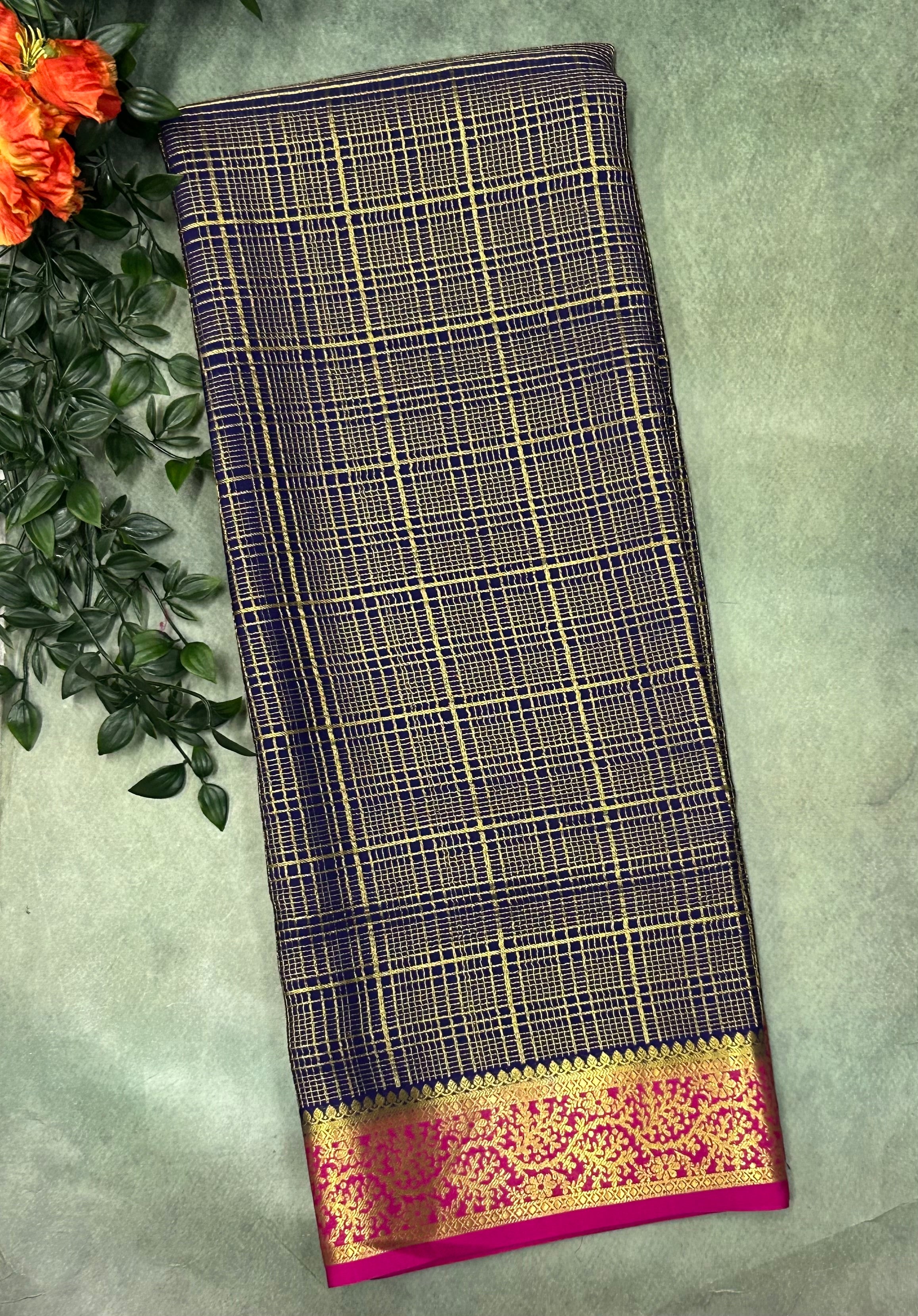 Navy blue n pink checks brocade Pure Mysore silk crepe 103 Saree