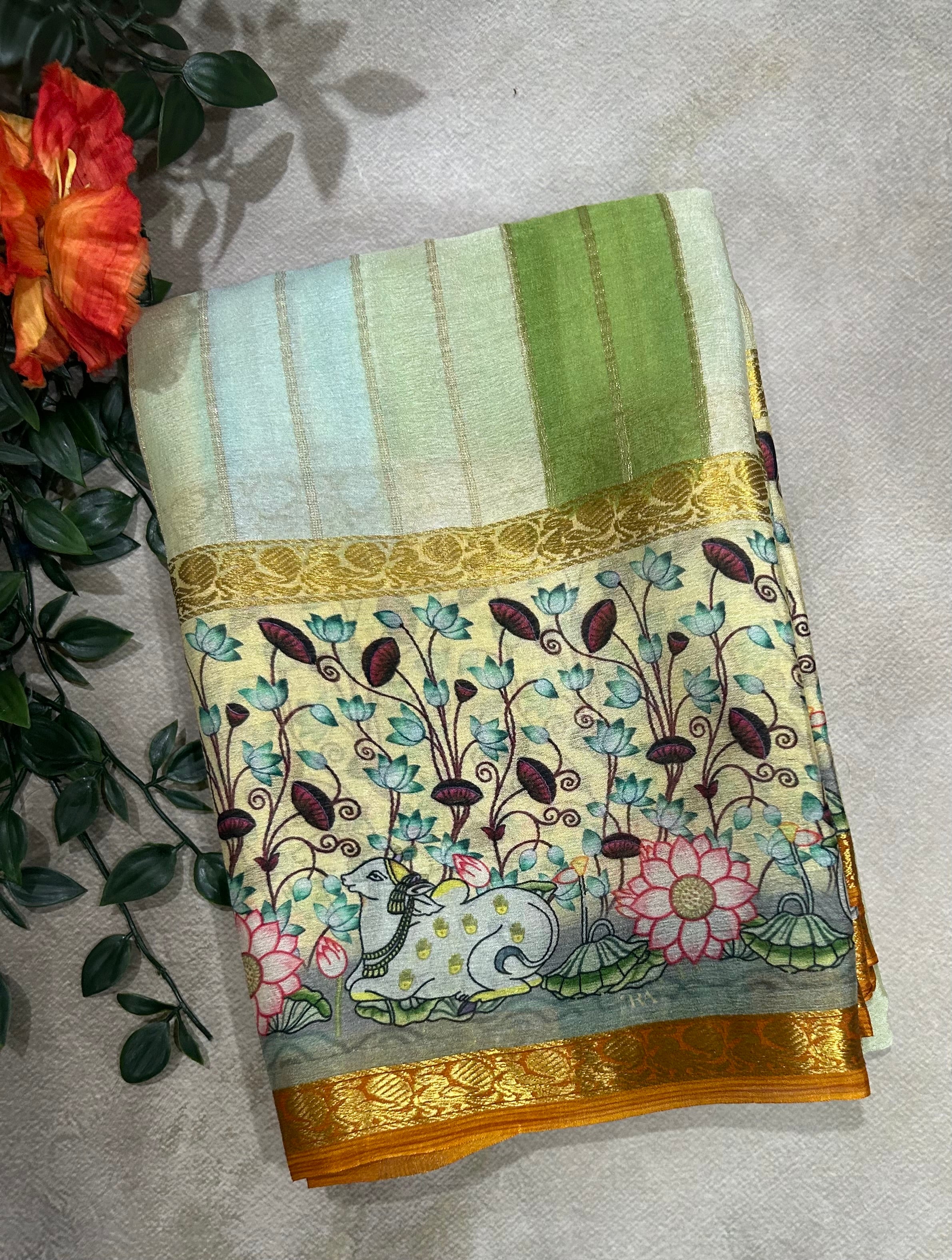 Rankart kalamkari border pure wrinkle 103 crepe silk saree
