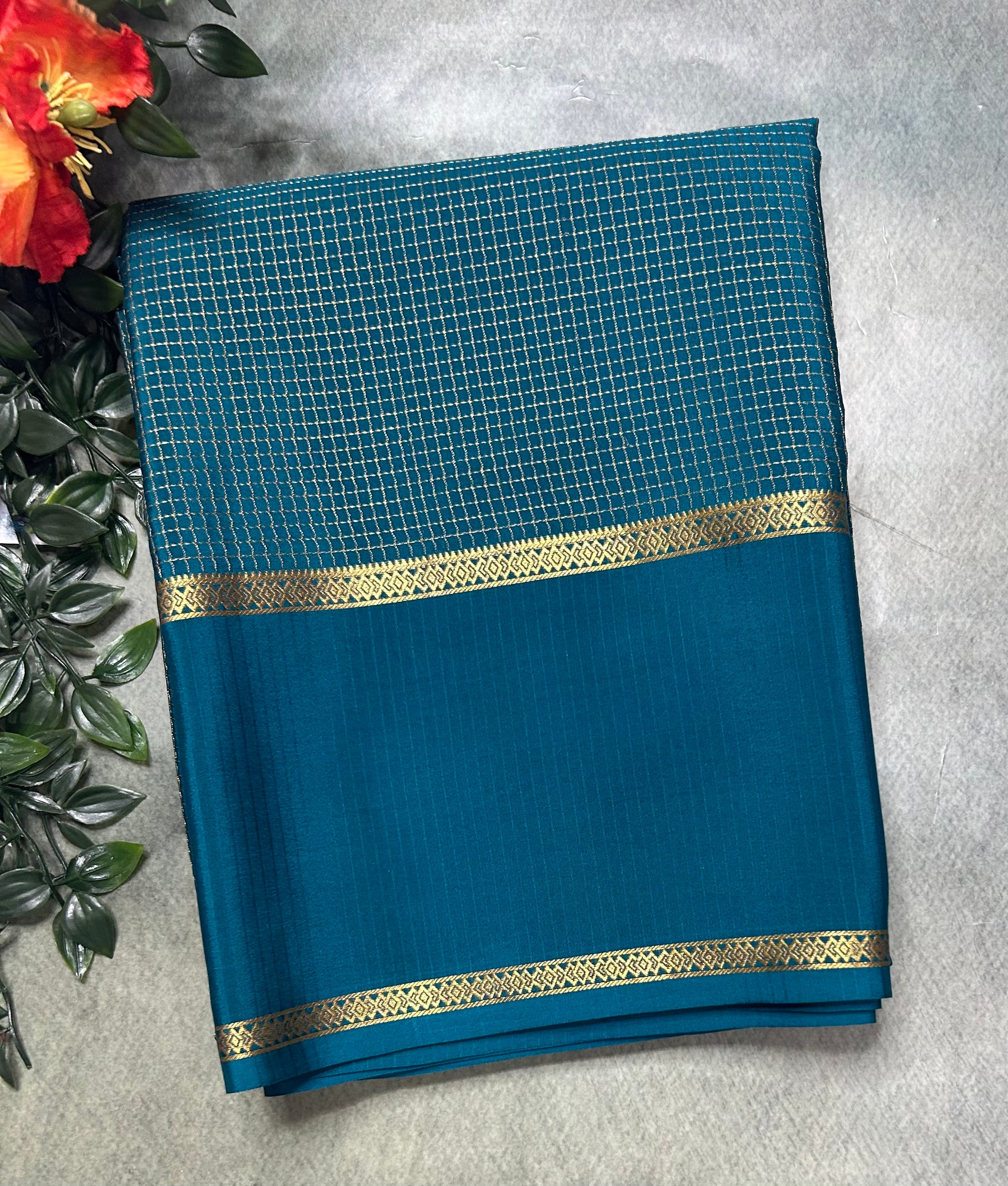 Rama green small checks n bentex border pure Mysore silk 105 saree