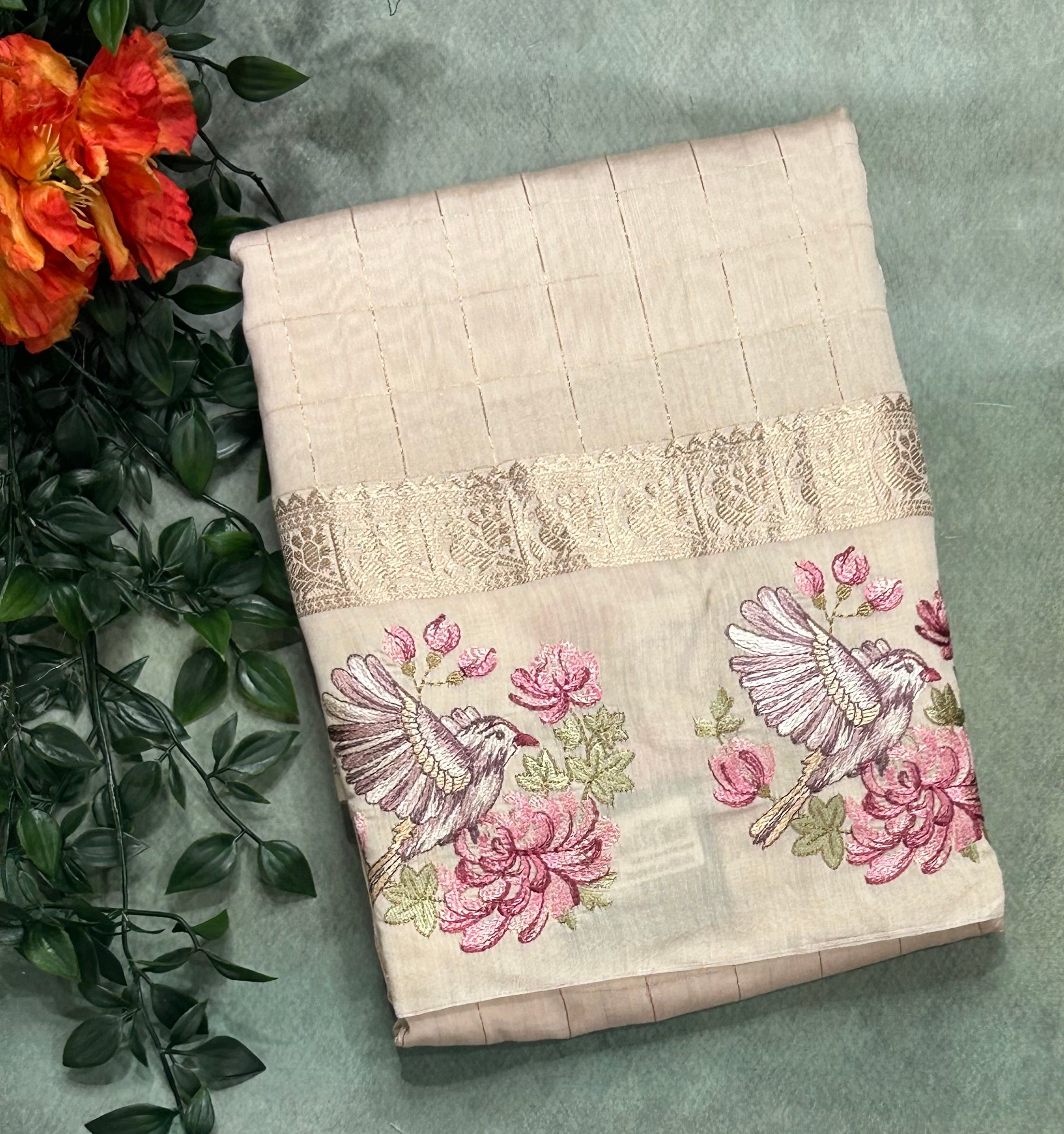 Cream checks embrodiery soft tussar crepe 104 saree