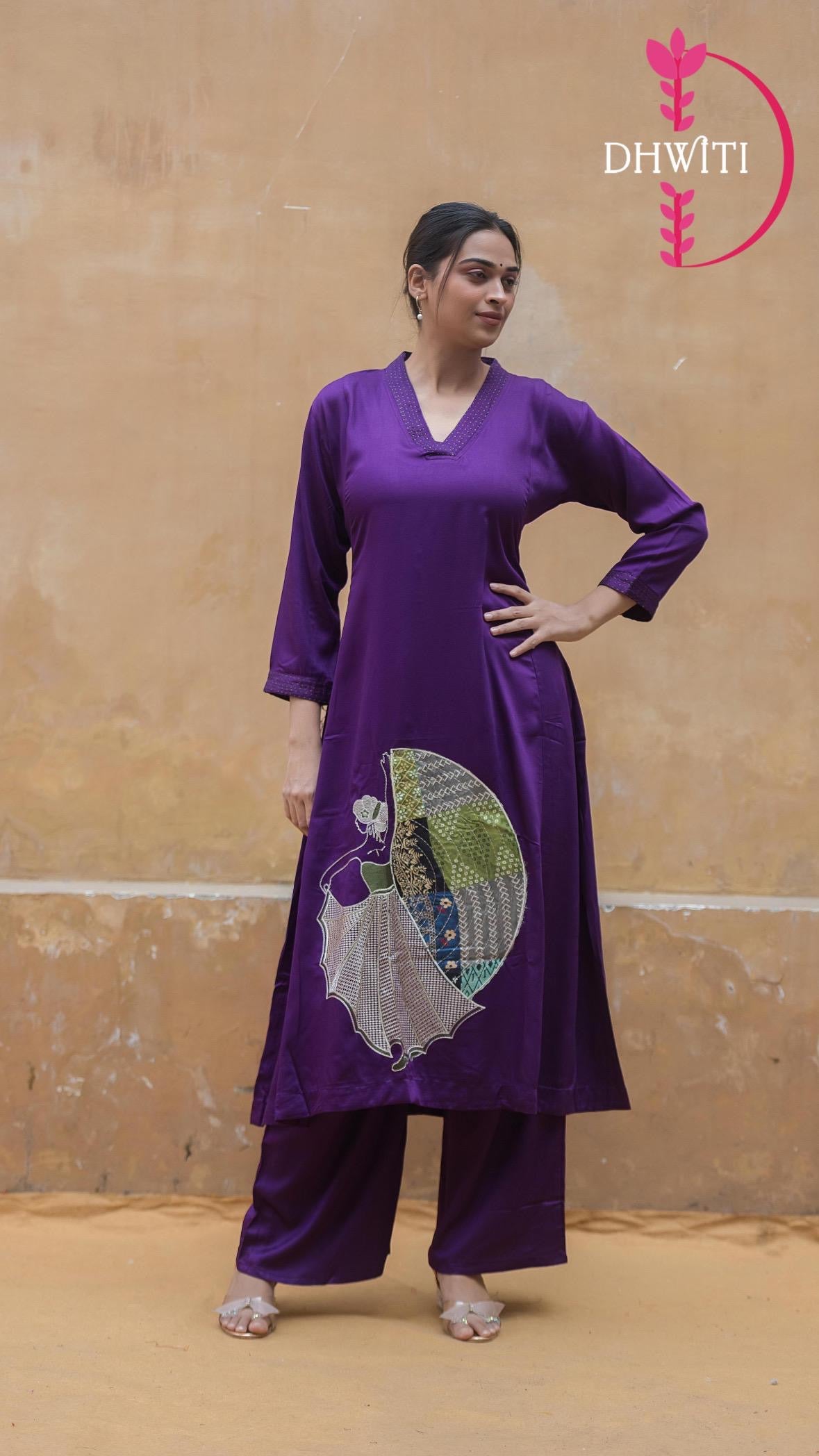 “Runi” Purple Designer Cord set 99 with handwork applique work Kurtha