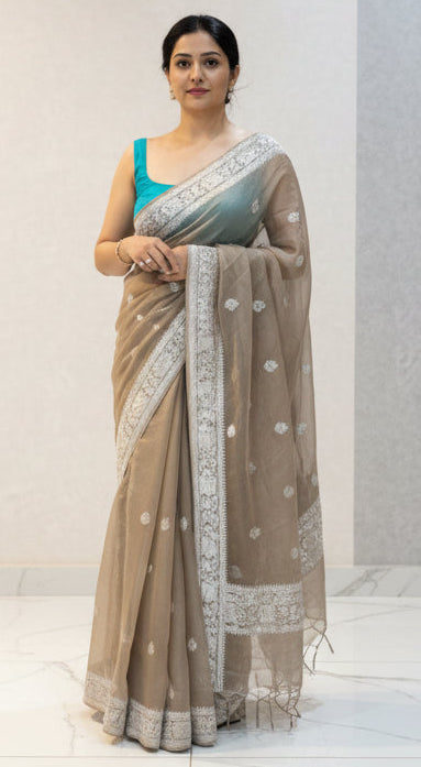 Pastel brown small butta tissue chiffon 104 saree