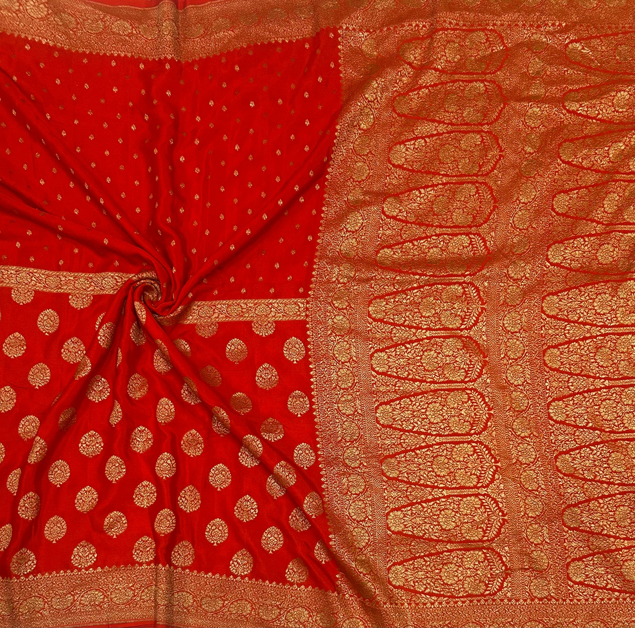 Reddish orange small n big butta pure benarasi crepe 103 saree