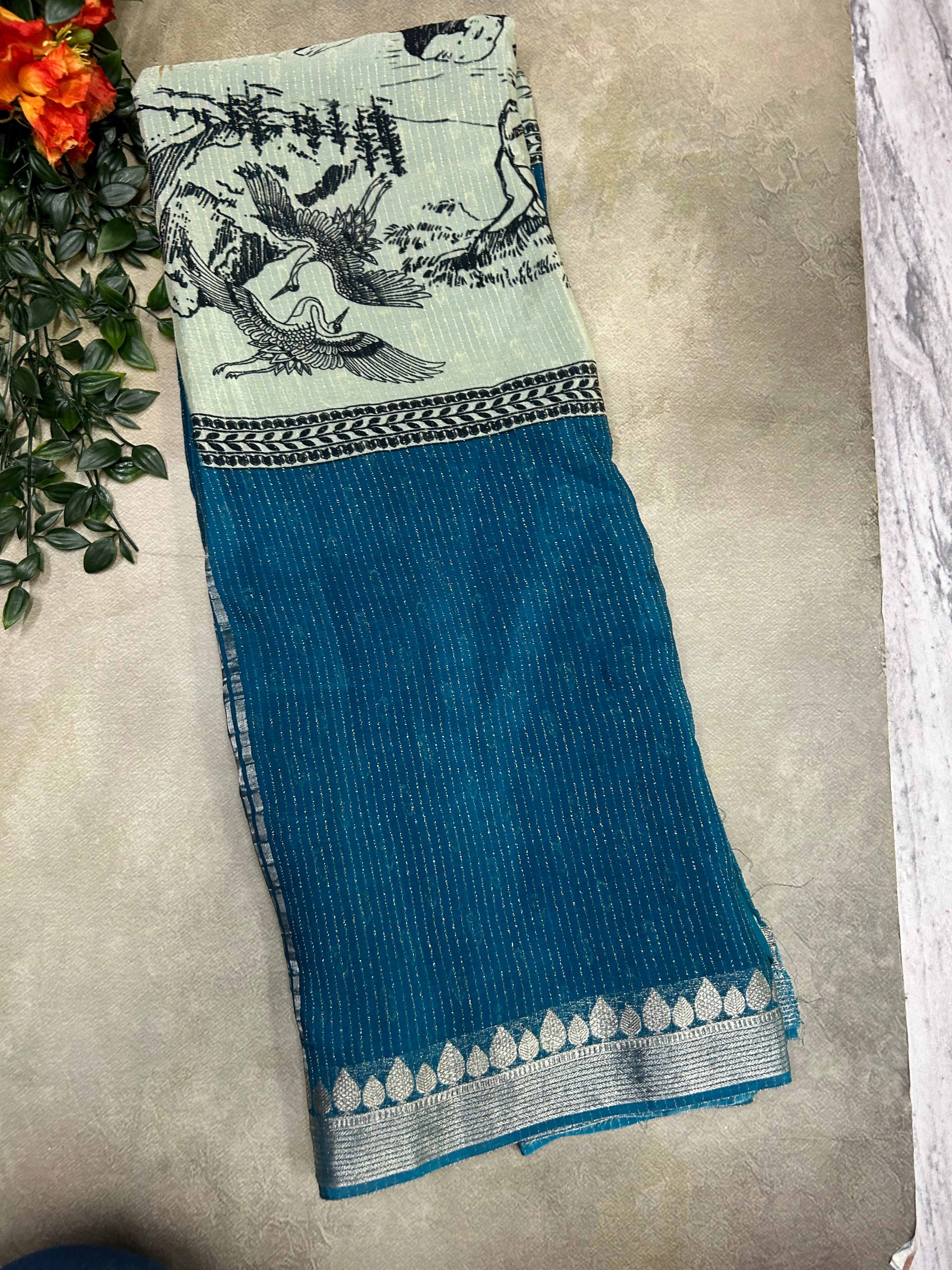 Peacock blue stripes, and printed saree
