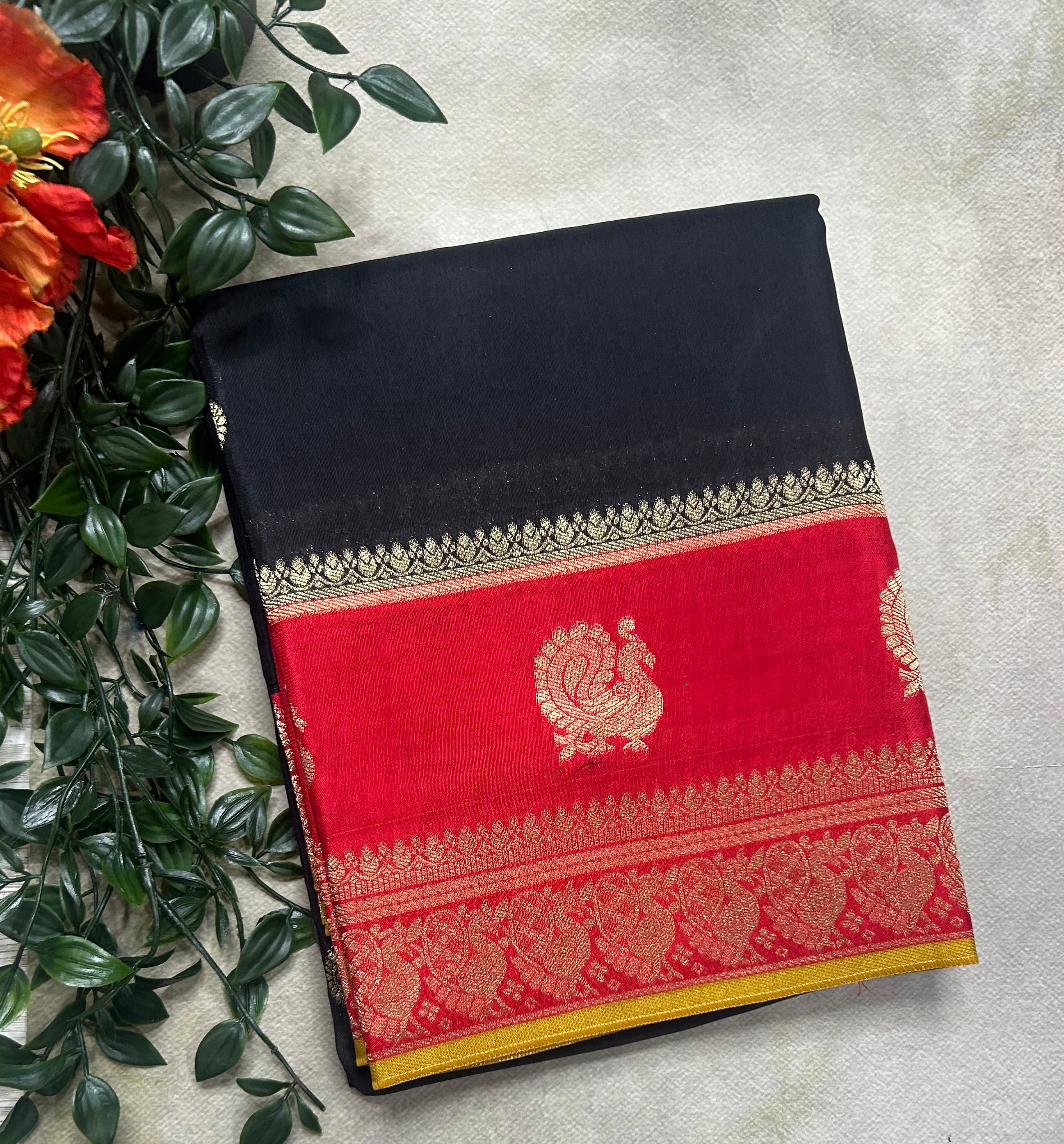 Black border Butta semi Mysore crepe saree