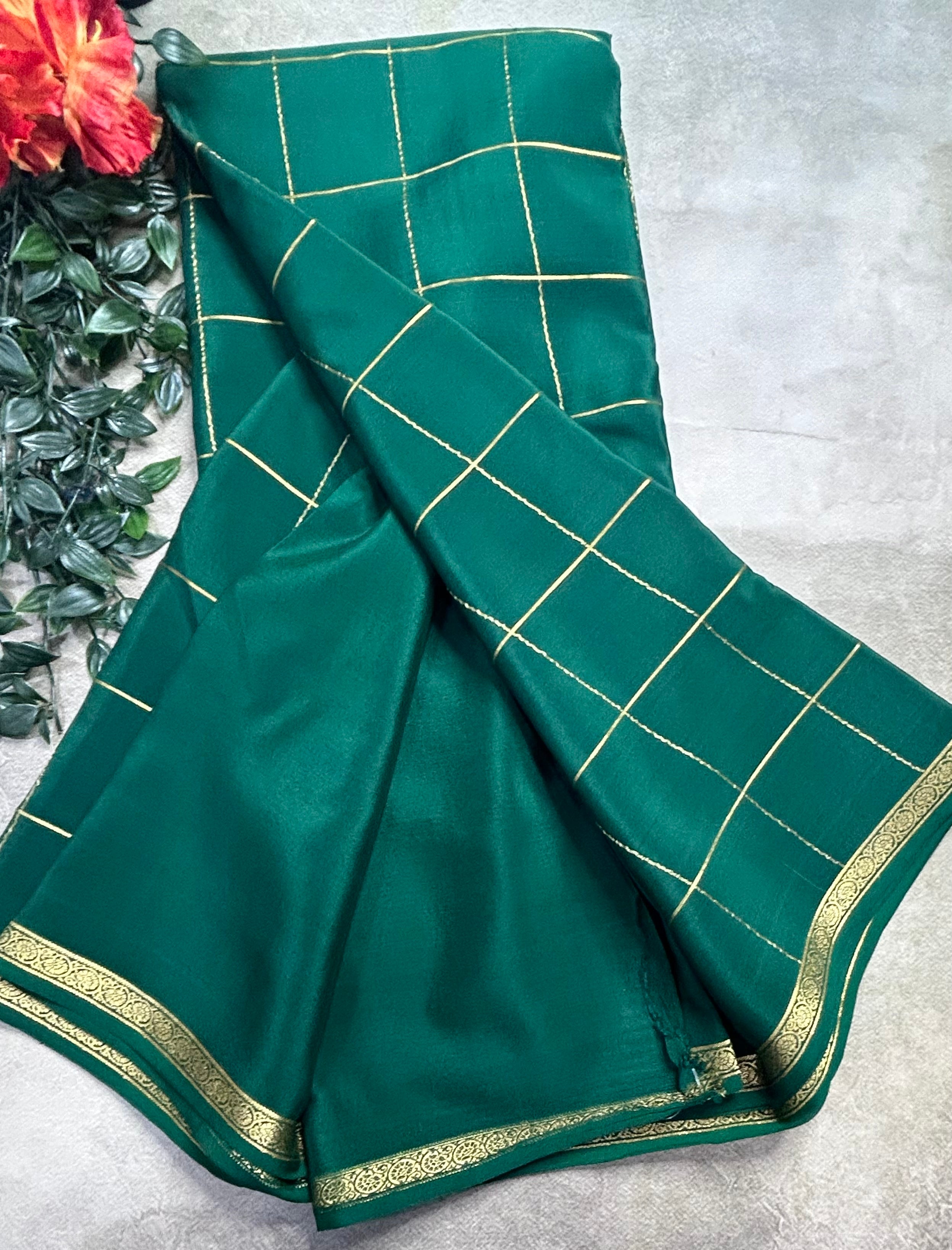 Bottle green big checks pure Mysore silk 106 saree