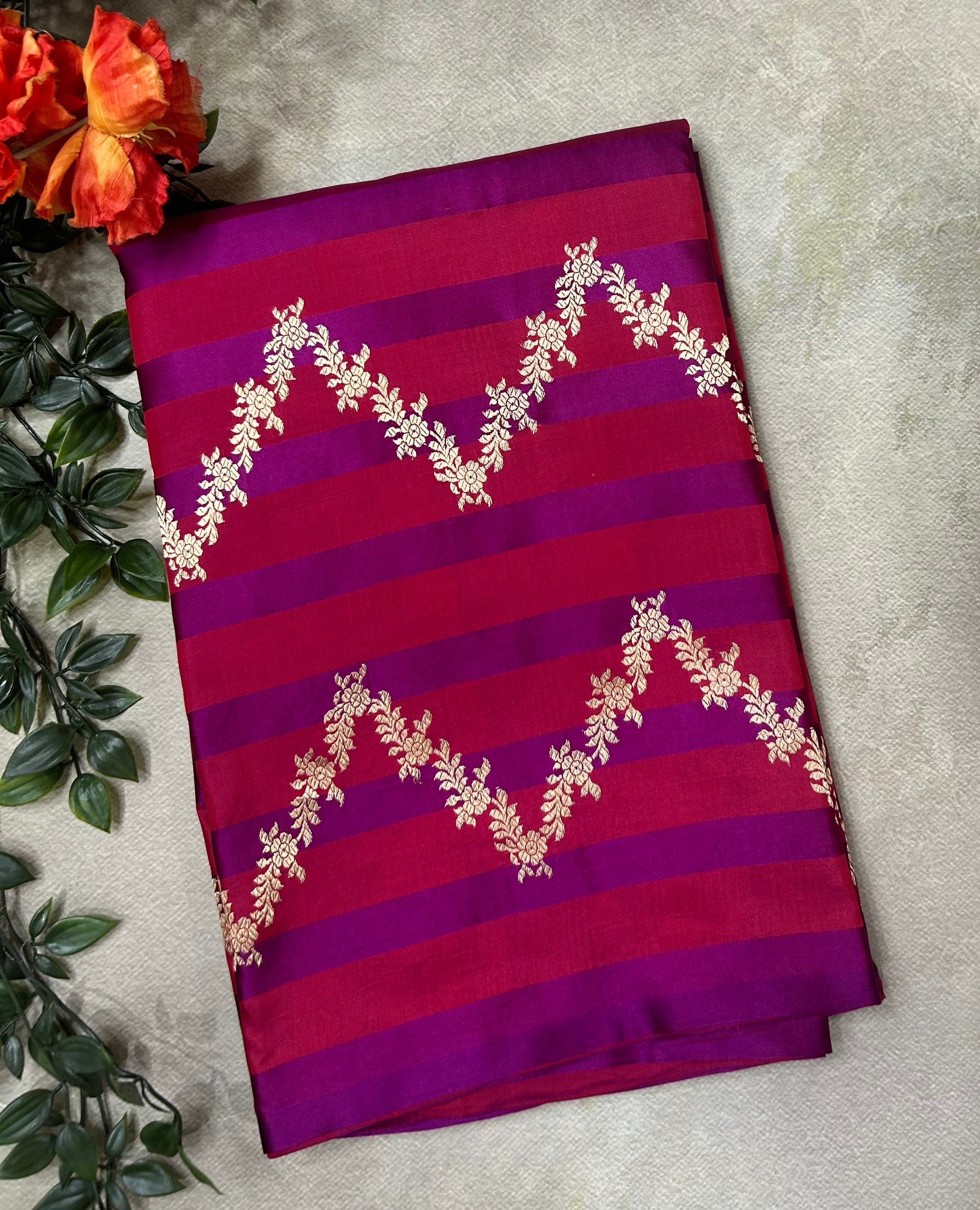 Dark maroon n purple  stripes satin lightweight banarasi-10 silk saree