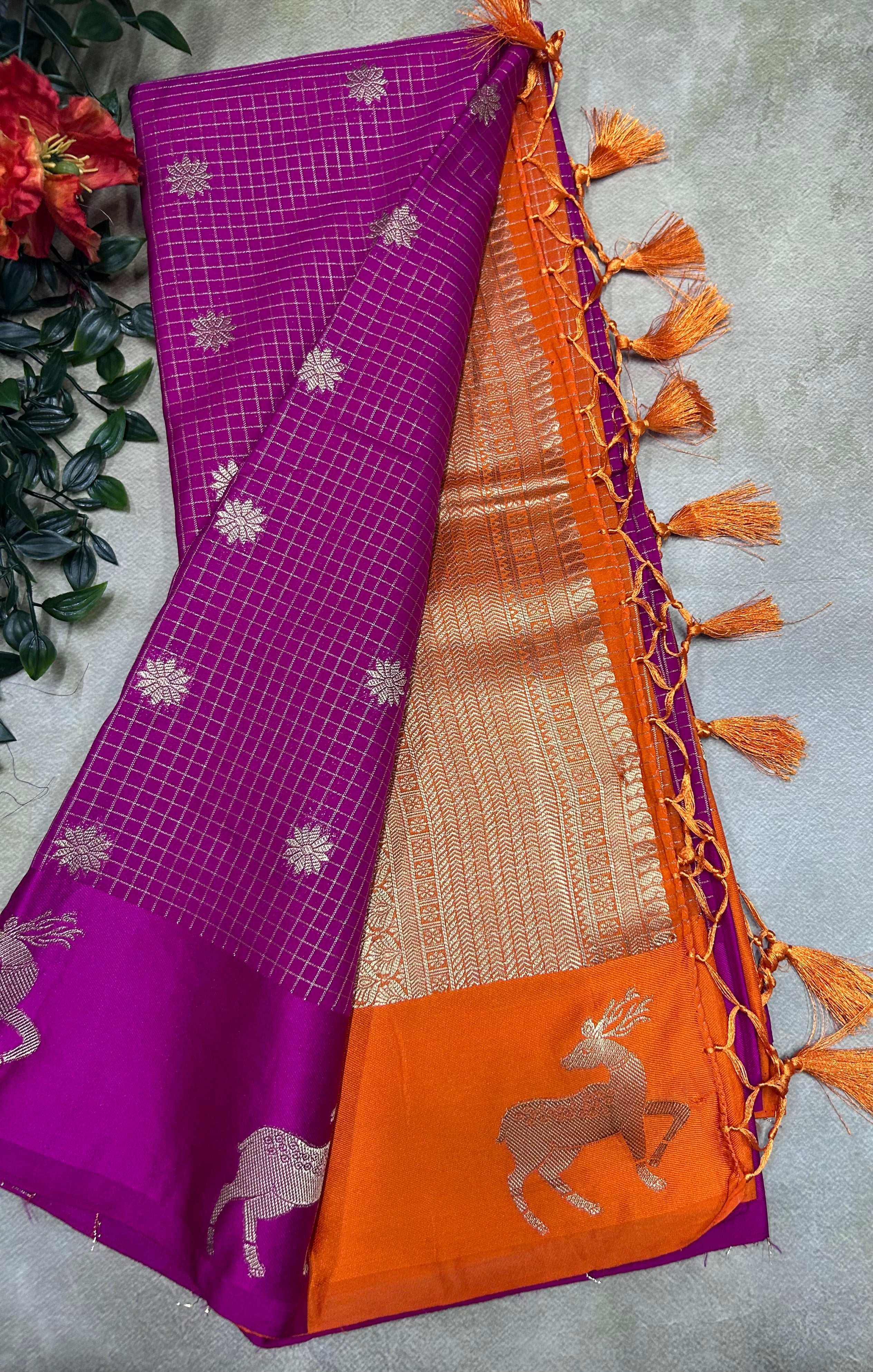 Pink small checks semi Mysore crepe saree(SMC106)