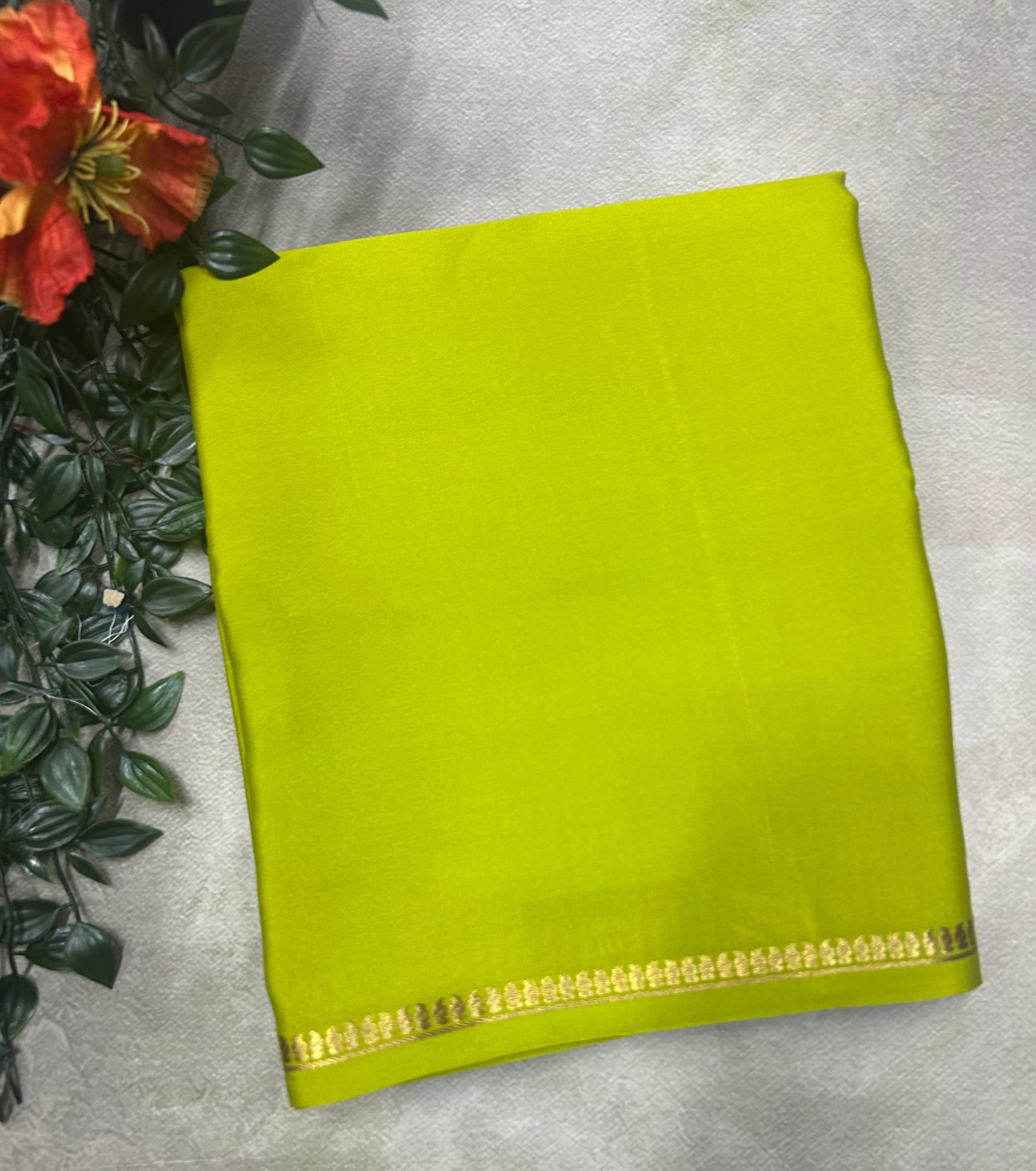 Neon green small border pure Mysore silk 105 saree