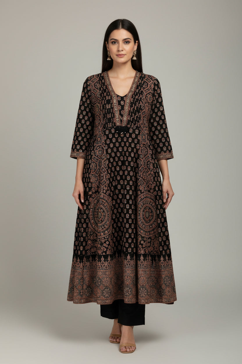 Black Cotton Anarkali Block Print Kurtha 252