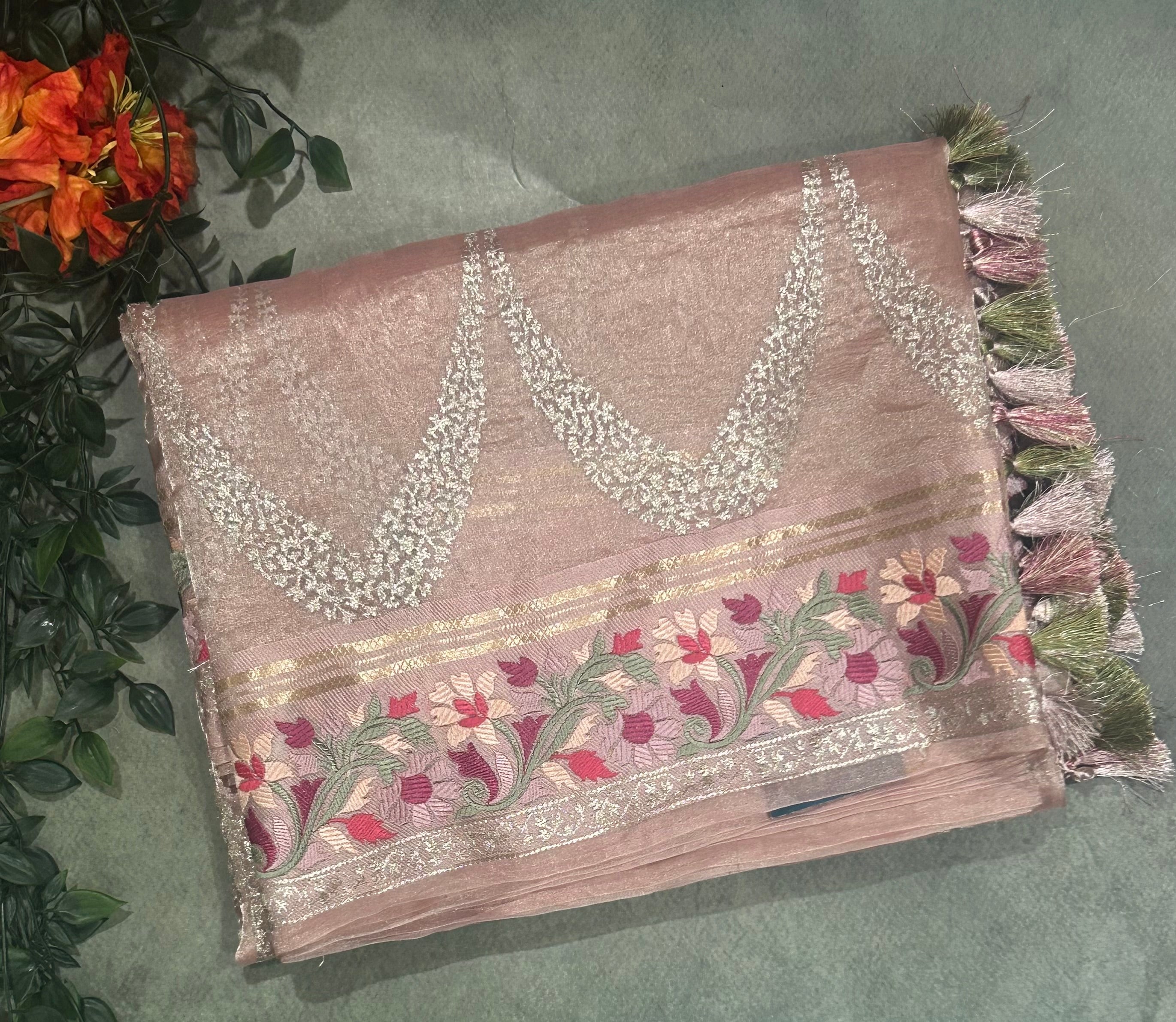 Pastel pink embrodiery pure organza tissue 103 saree