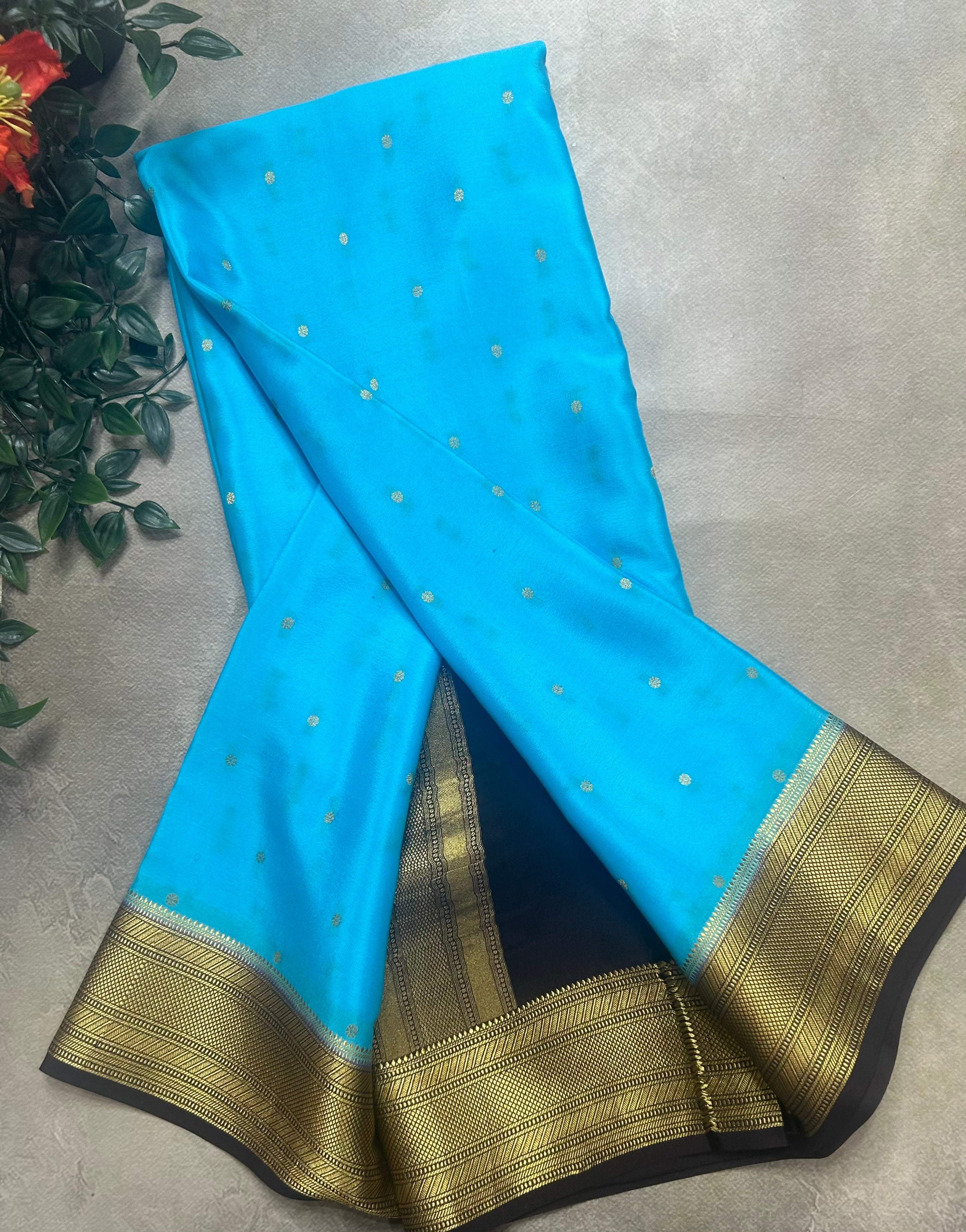 Sky blue n dark brown small border pure Mysore silk-104 saree