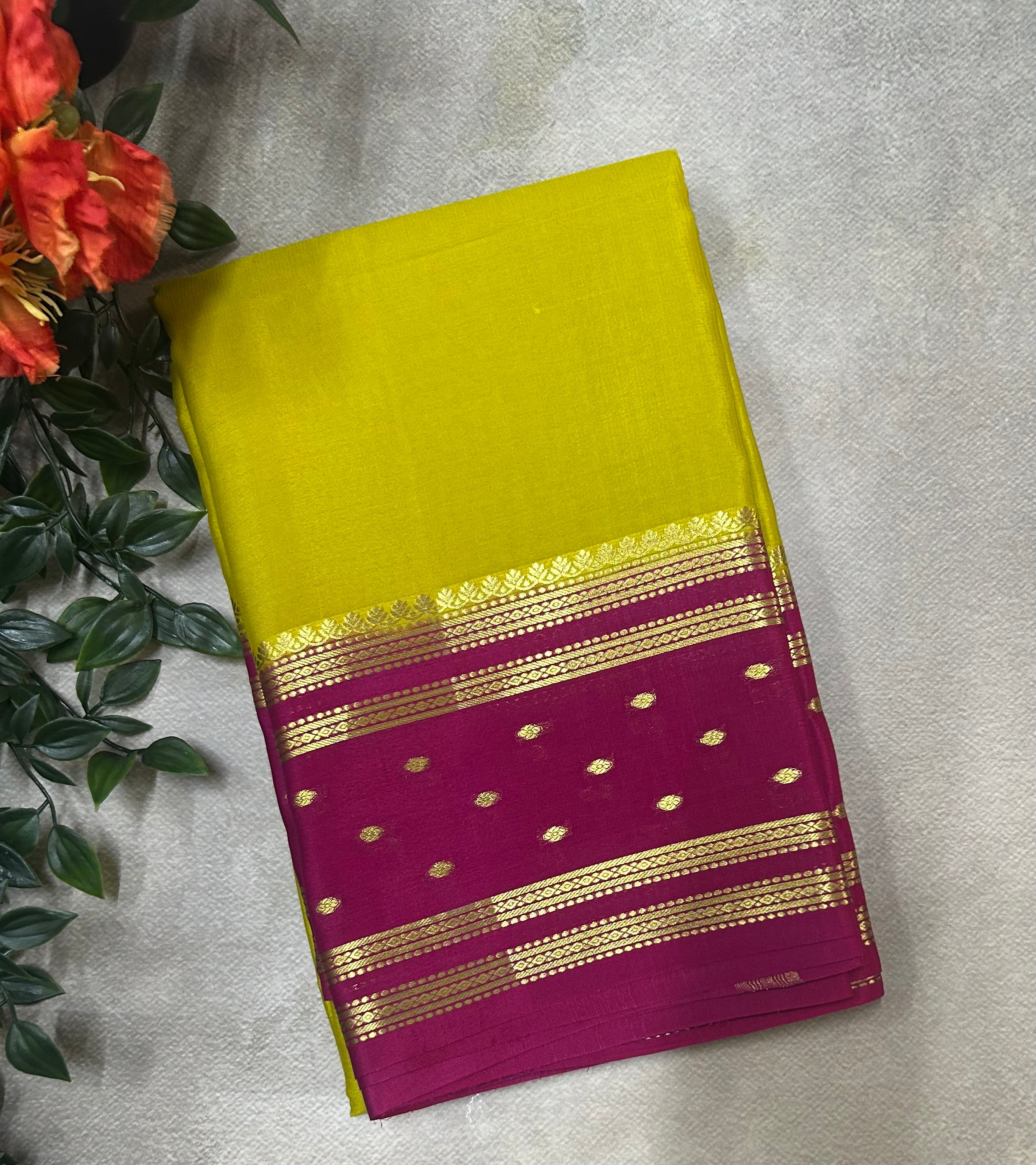 Lime yellow n pink pure Mysore silk saree