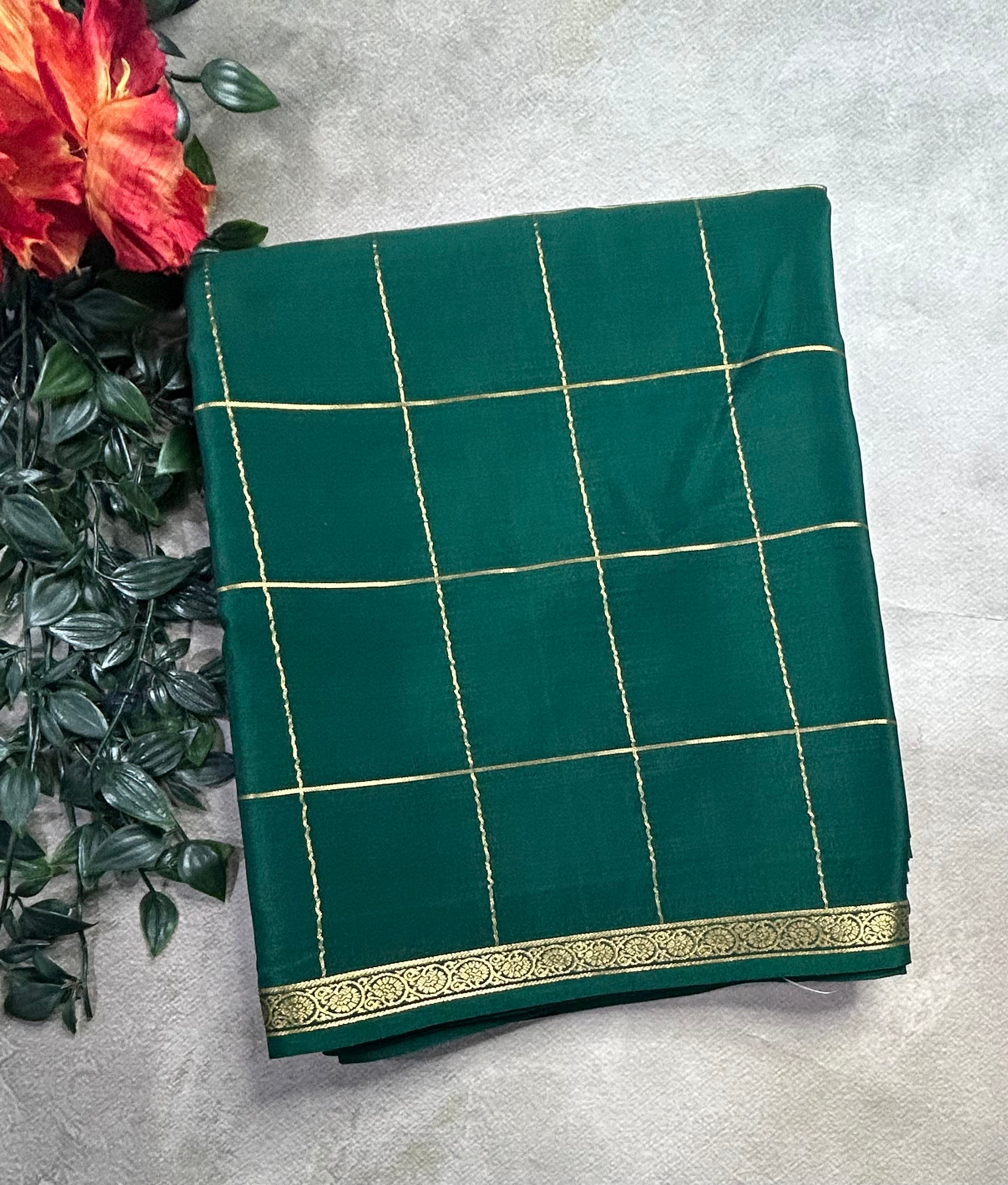 Bottle green big checks pure Mysore silk 106 saree