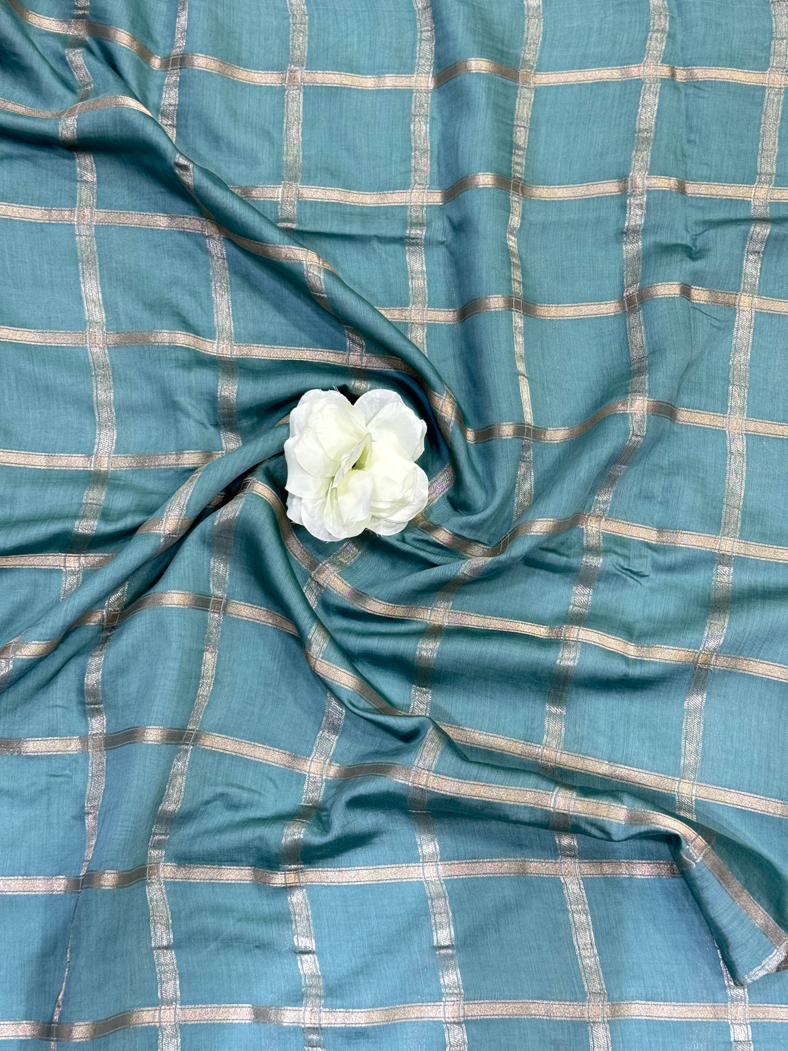 Pastel blue soft tussar crepe checks  saree