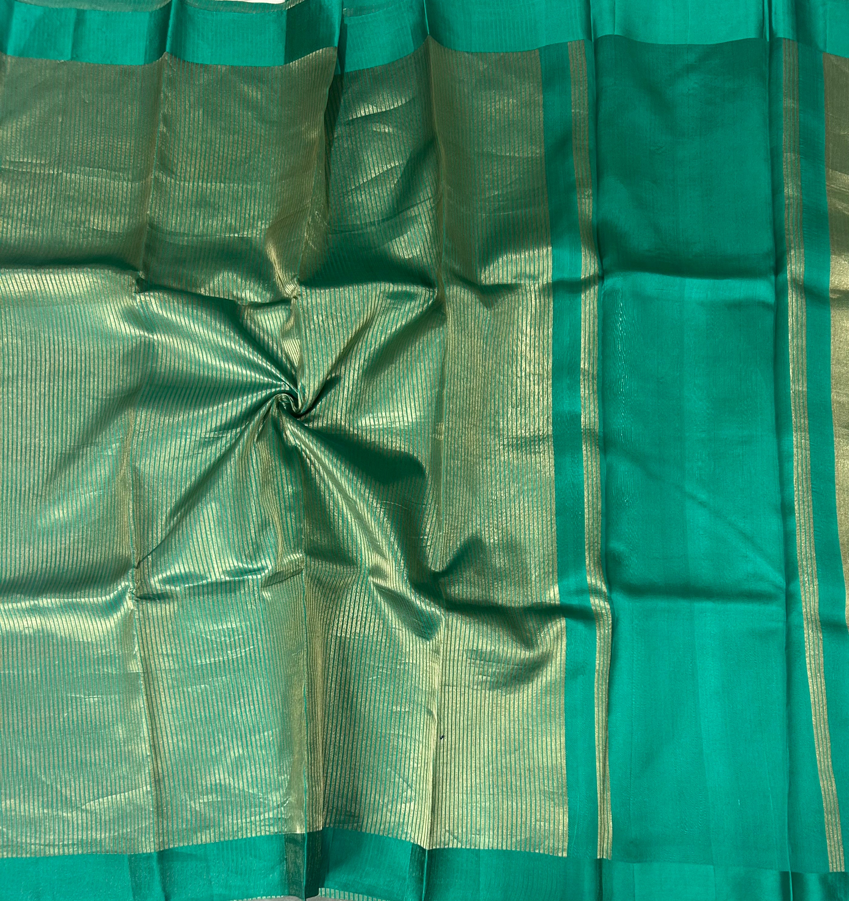 Rama green stripes Lightweight Pure Tissue Satin Border-12 Saree