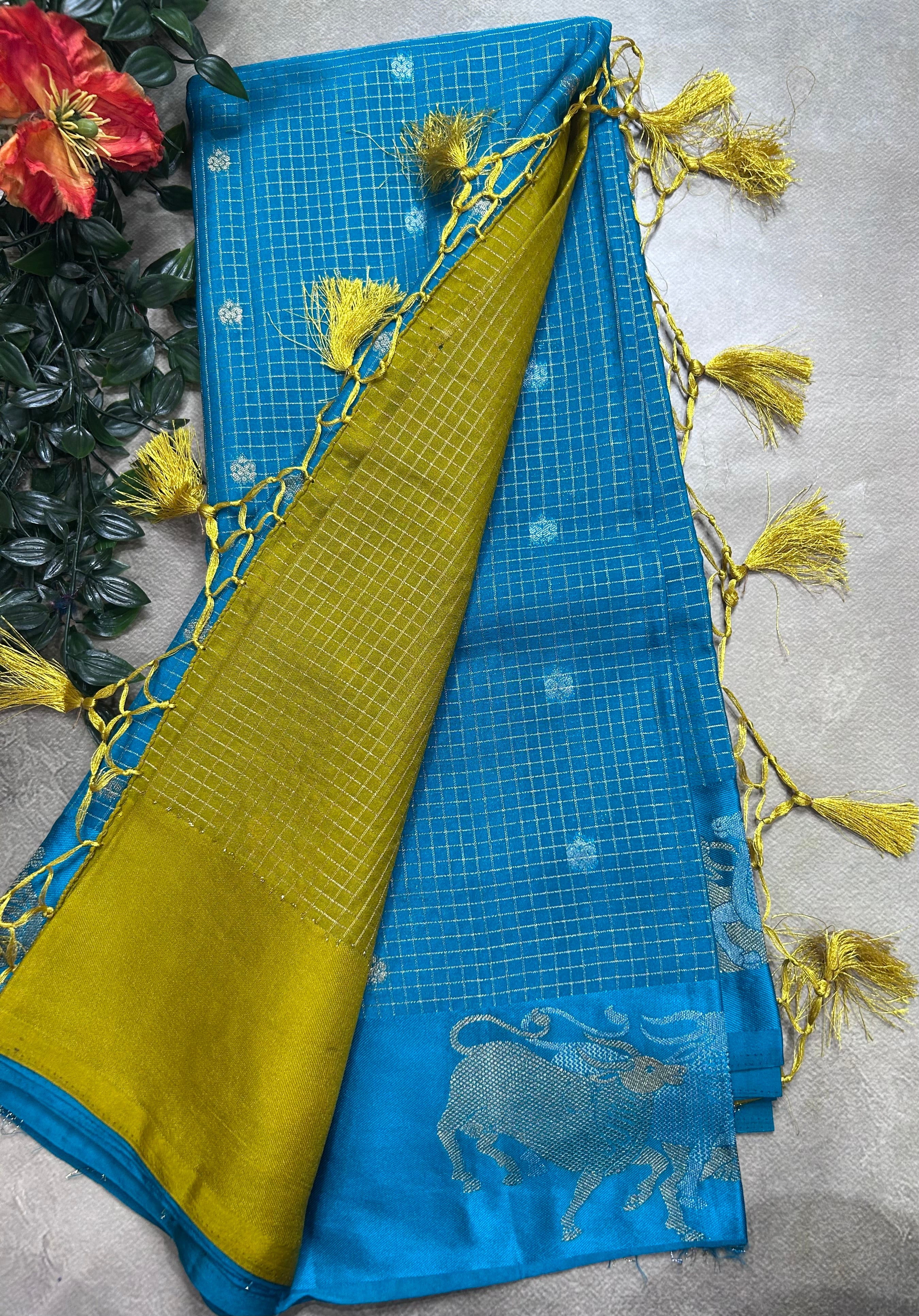 Blue small checks semi Mysore crepe 106 saree