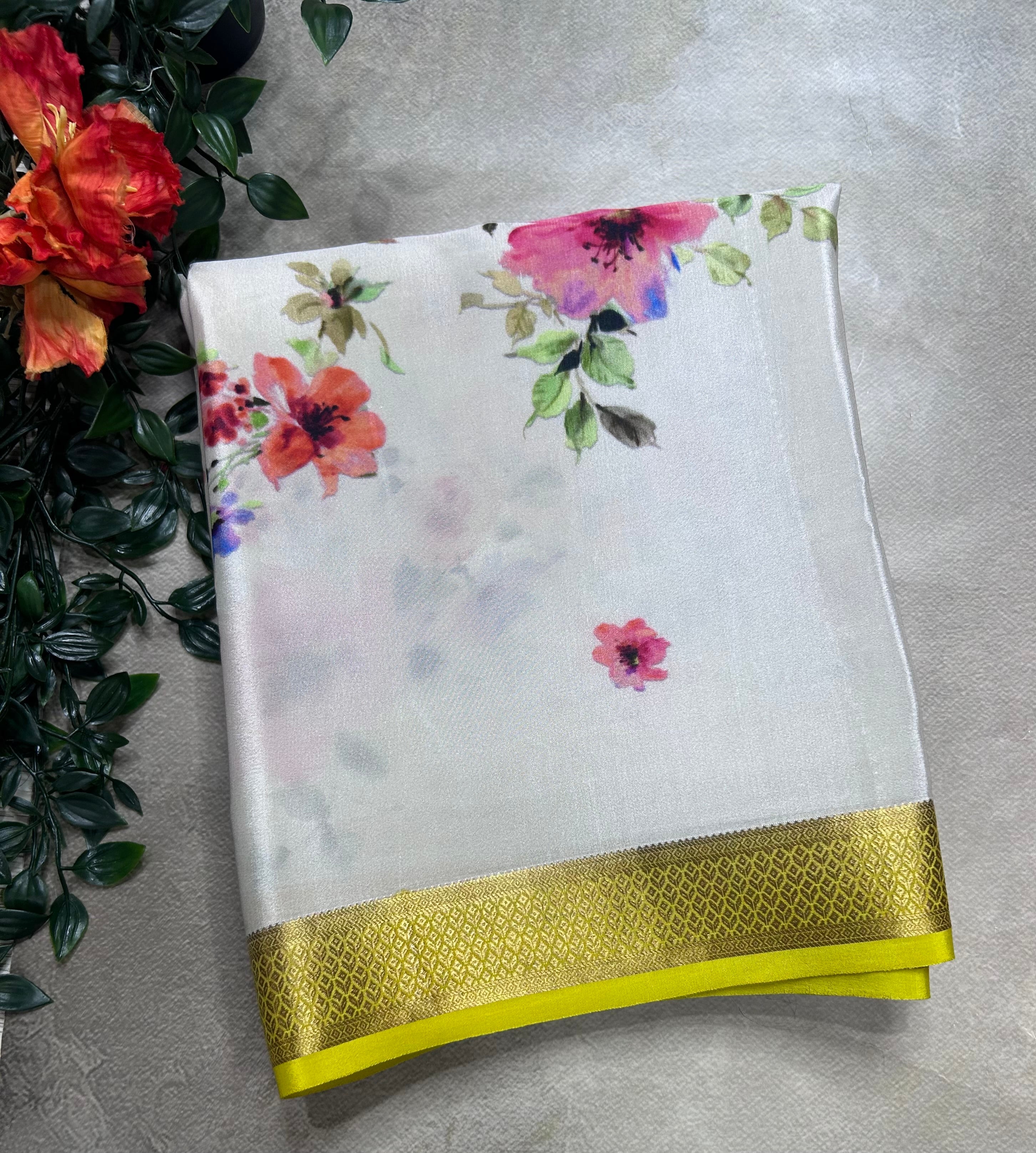 Light grey digital print pure mysore silk saree(DMS106)