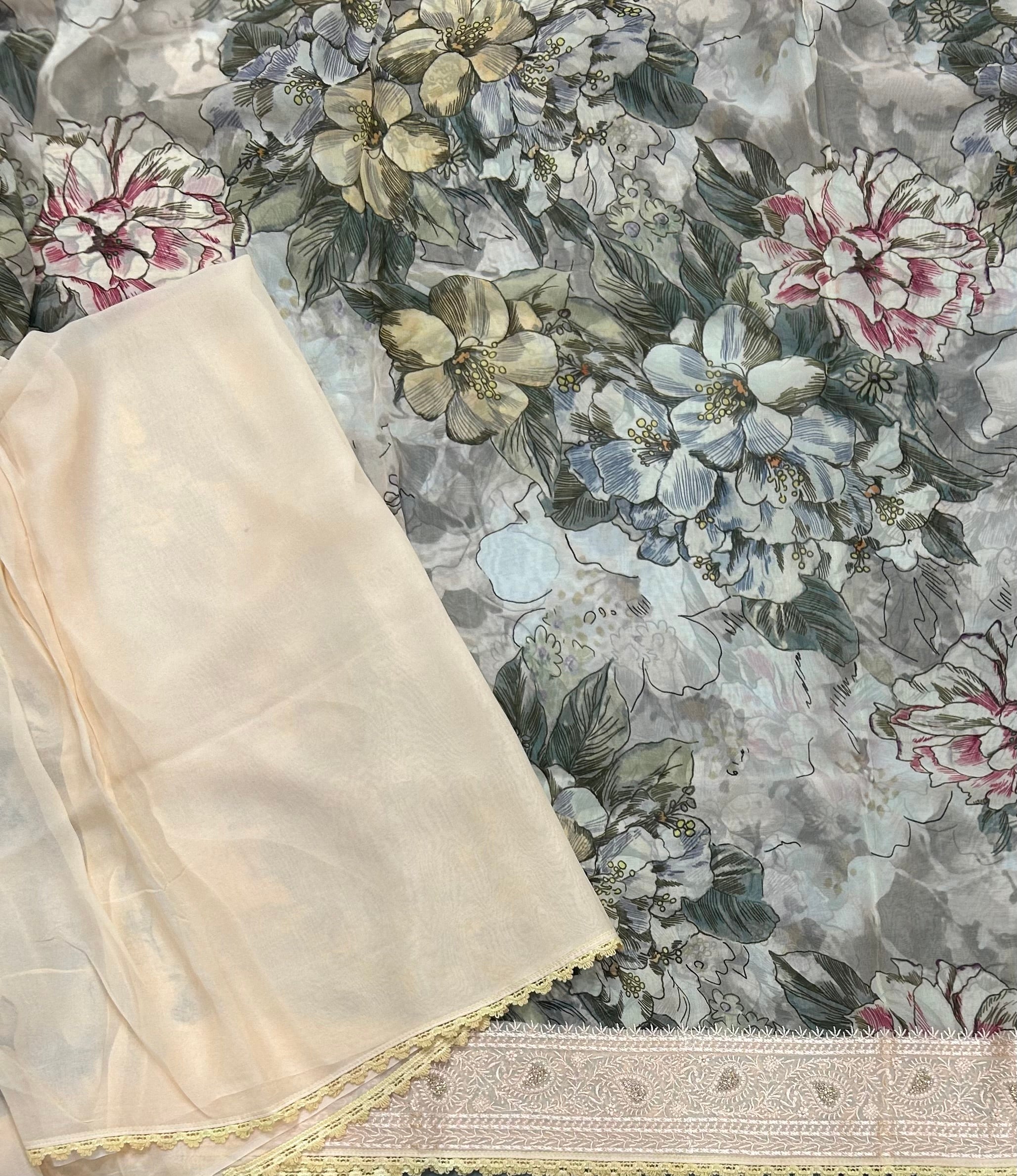 Peach digital printed border 104 chinnon saree