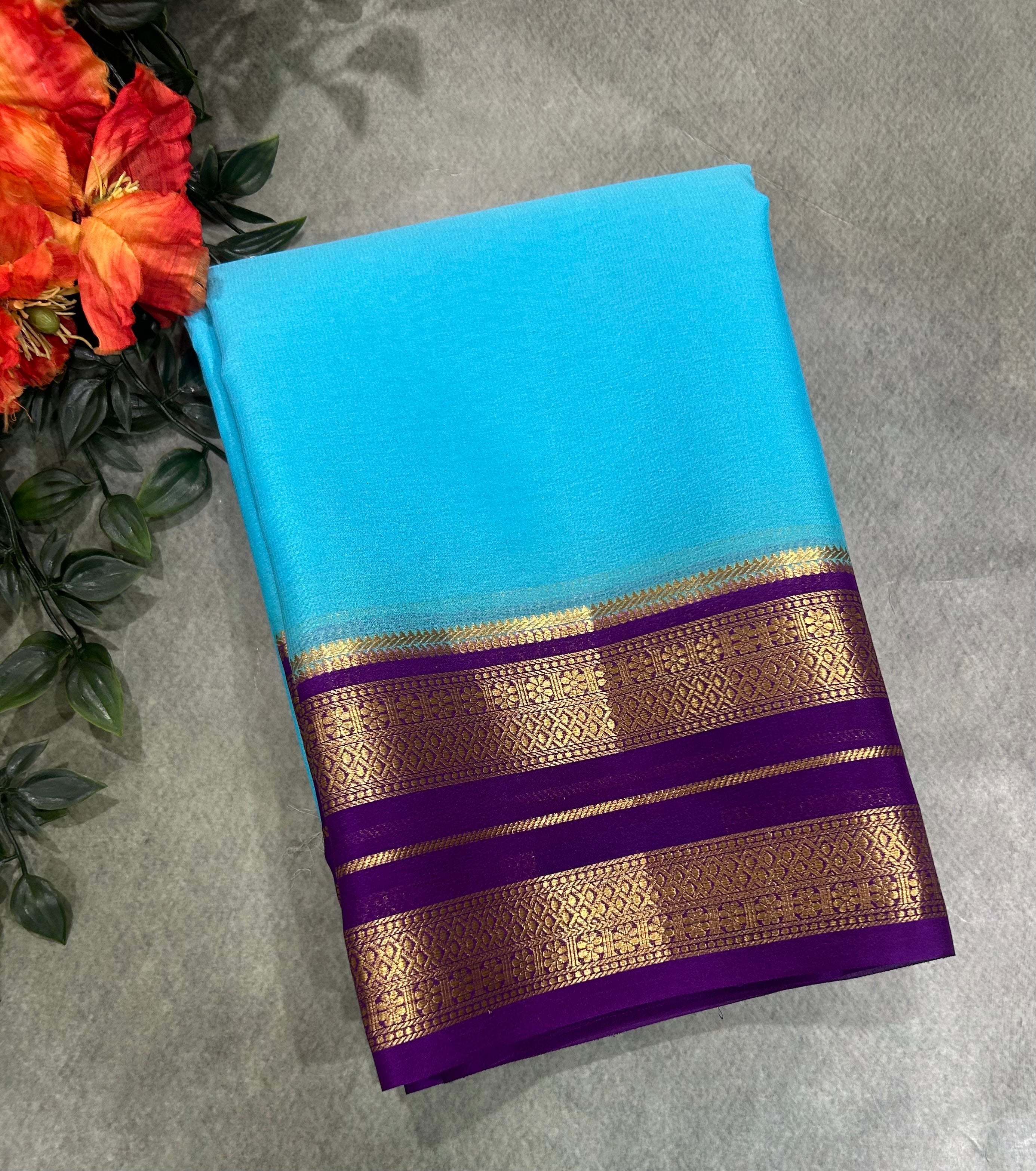 Sky blue pure Mysore crepe silk saree