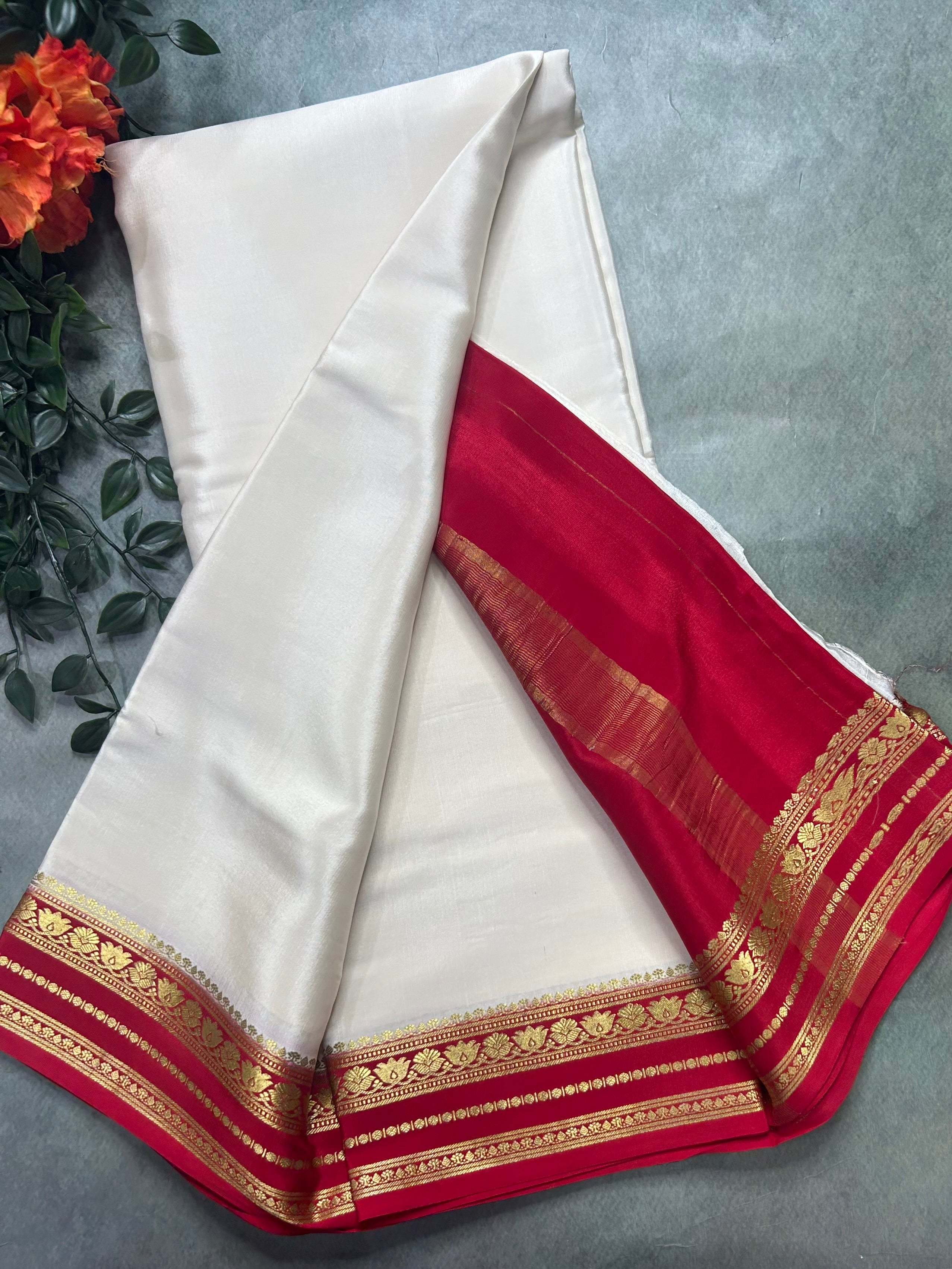 Cream pure Mysore crepe silk saree
