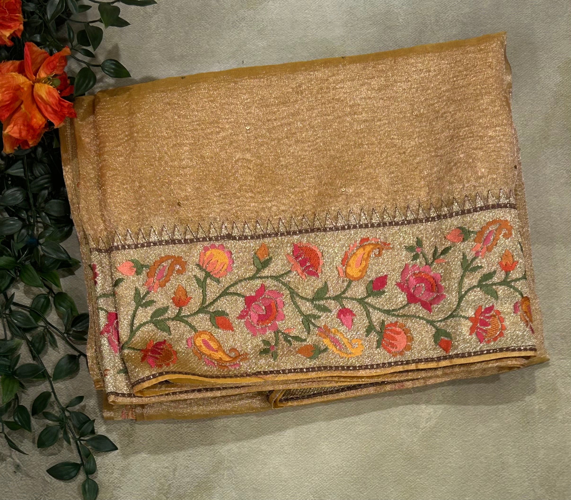 Pastel orange embroidery work crush tissue 104 saree