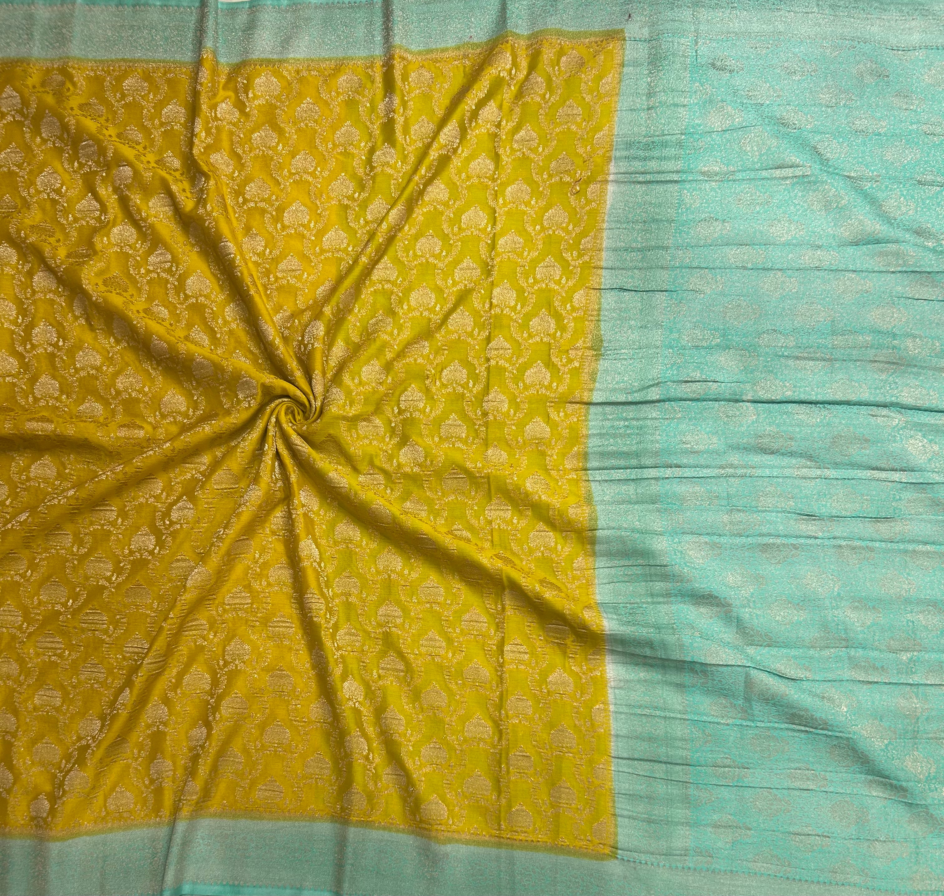 Yellow contrast Jaal brocade semi georgette 104 saree
