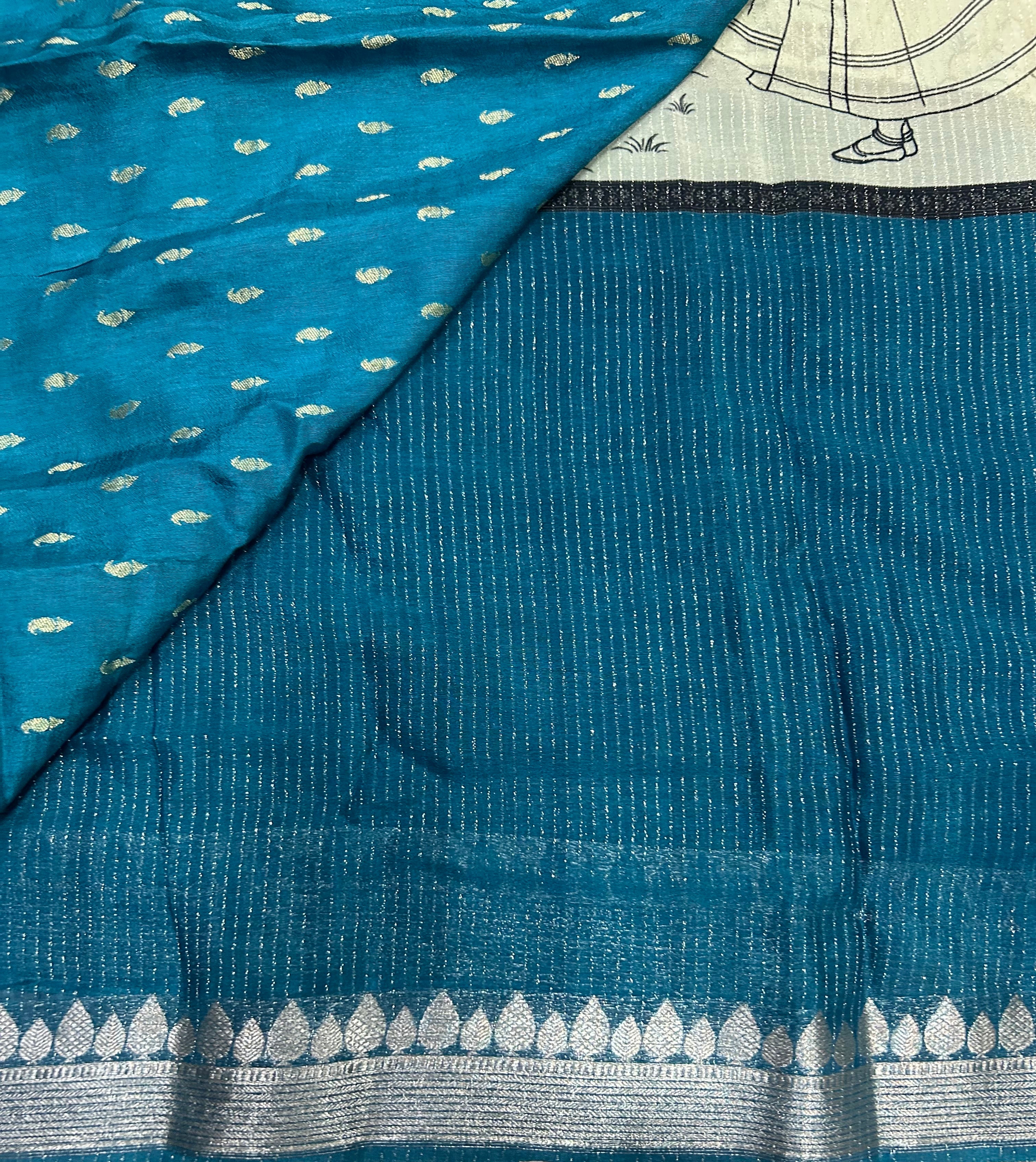 Peacock blue digital print viscose saree