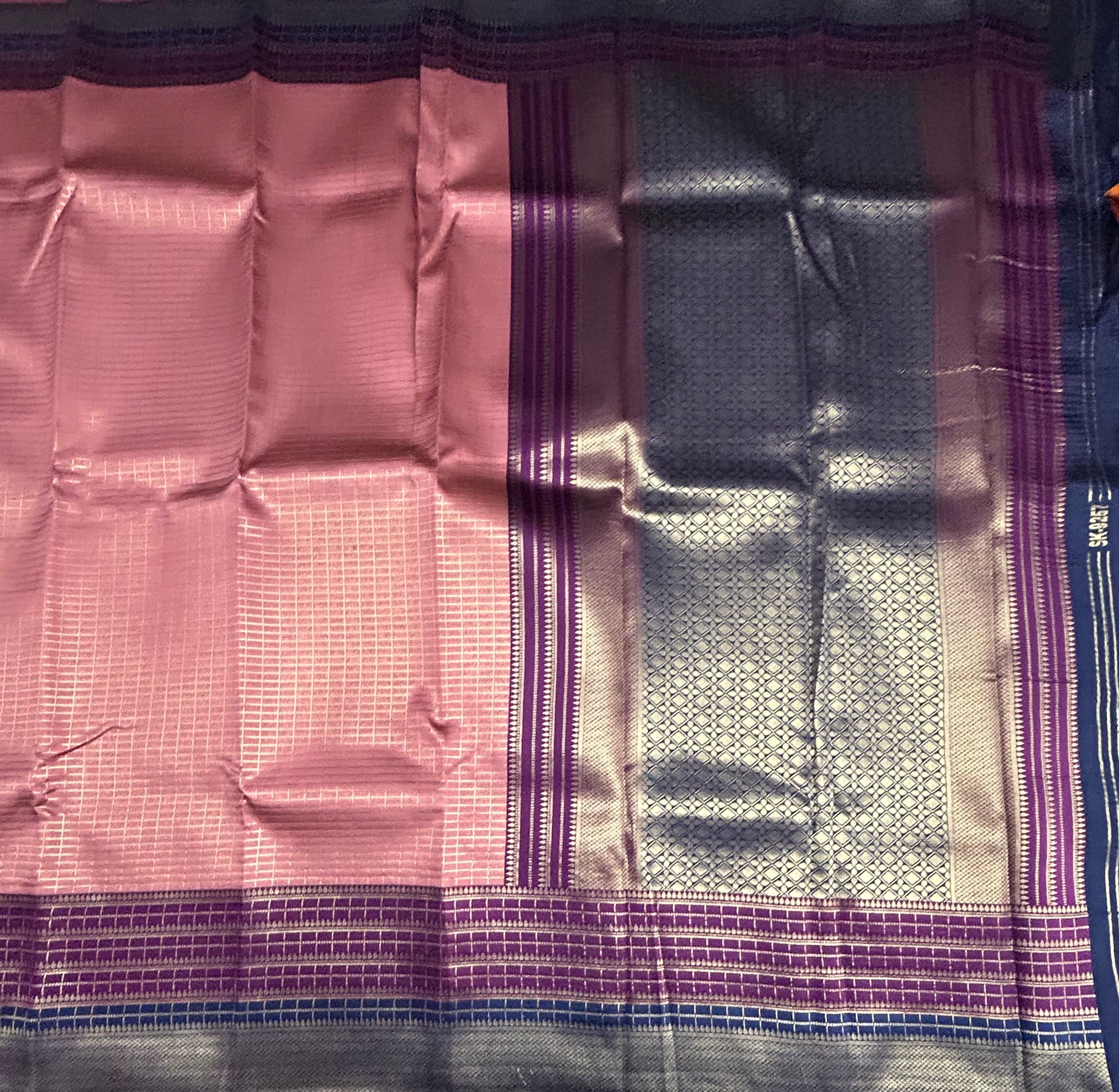 Light pink small checks semi Silk Saree