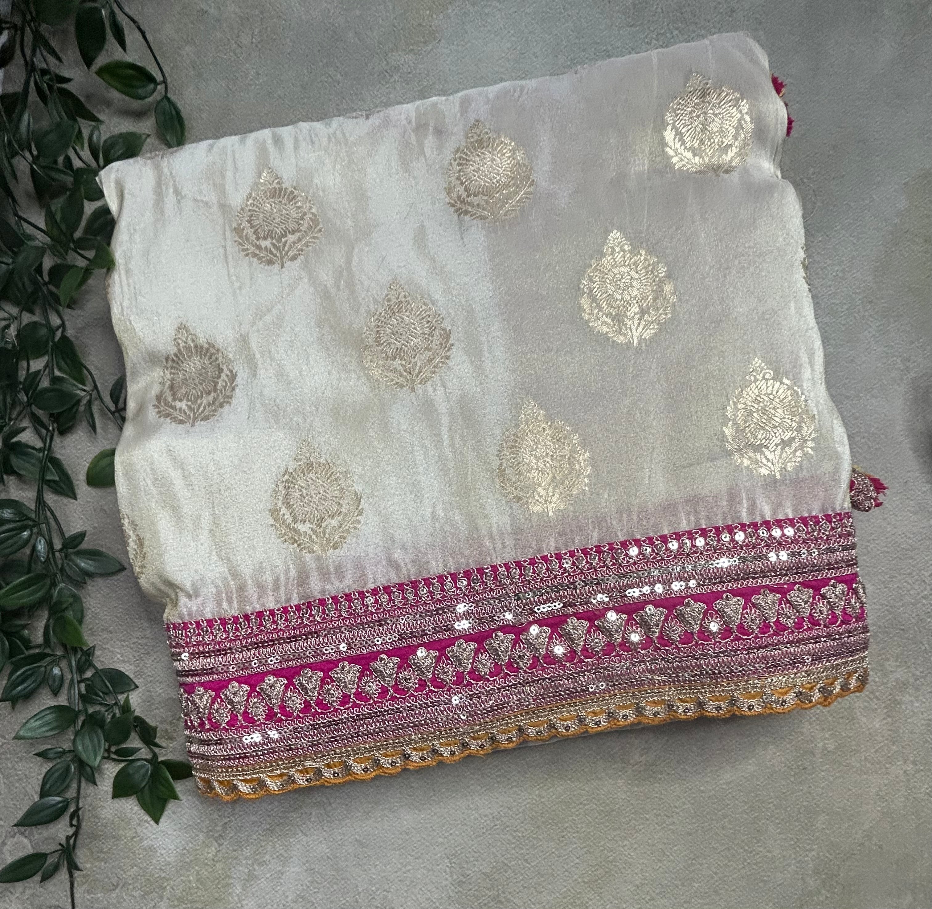 Cream big Butta party wear small border saree