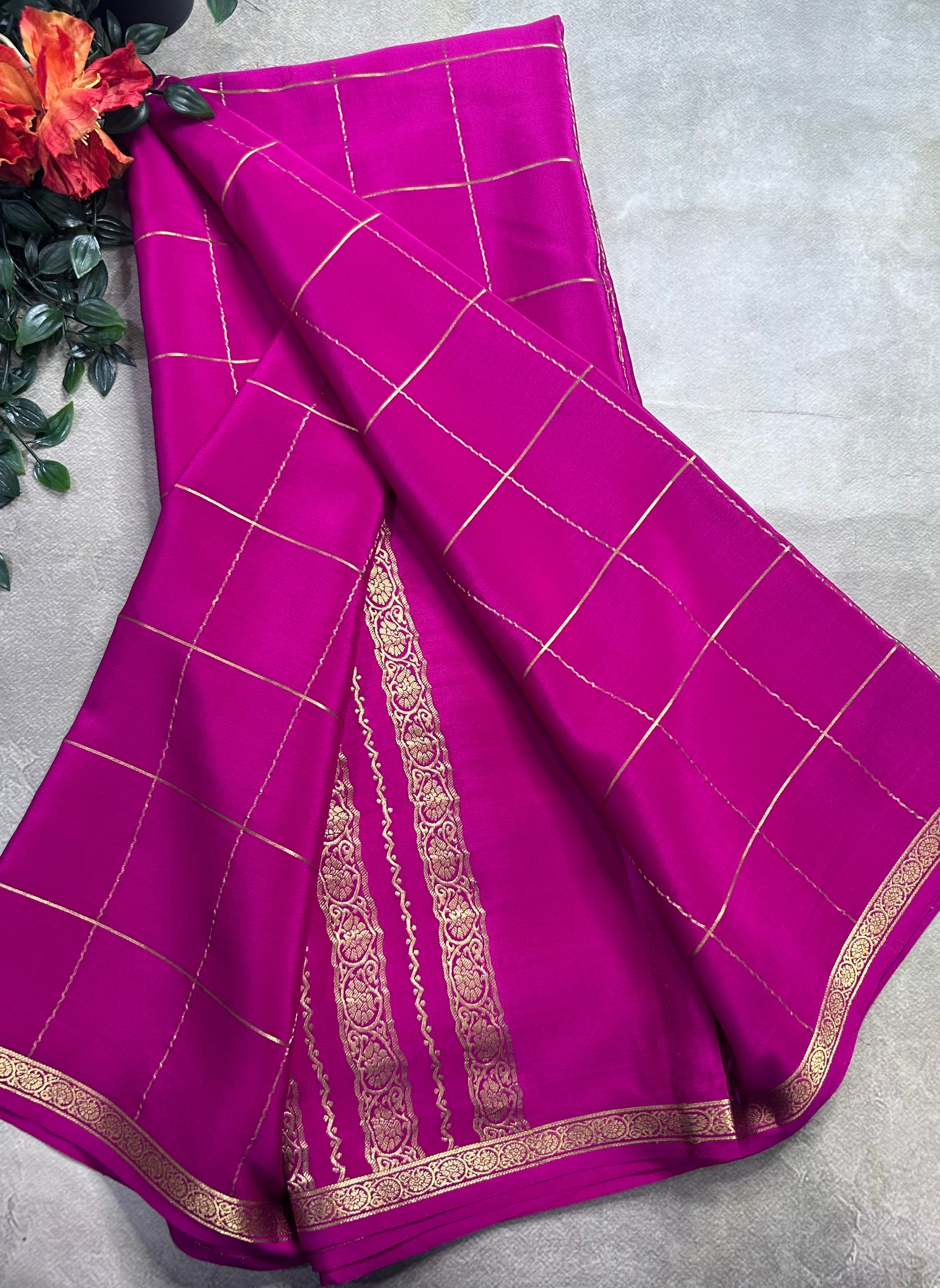 Rani pink big checks pure Mysore silk 106 saree
