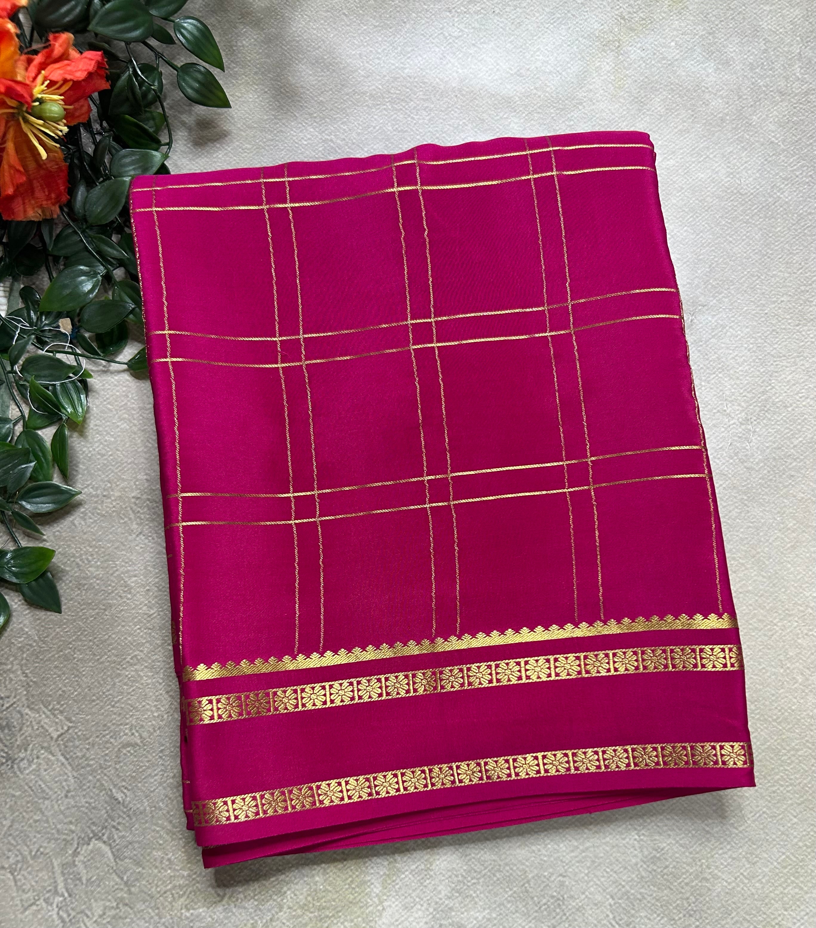 Rani pink big checks n Bentex border pure Mysore silk 106 saree