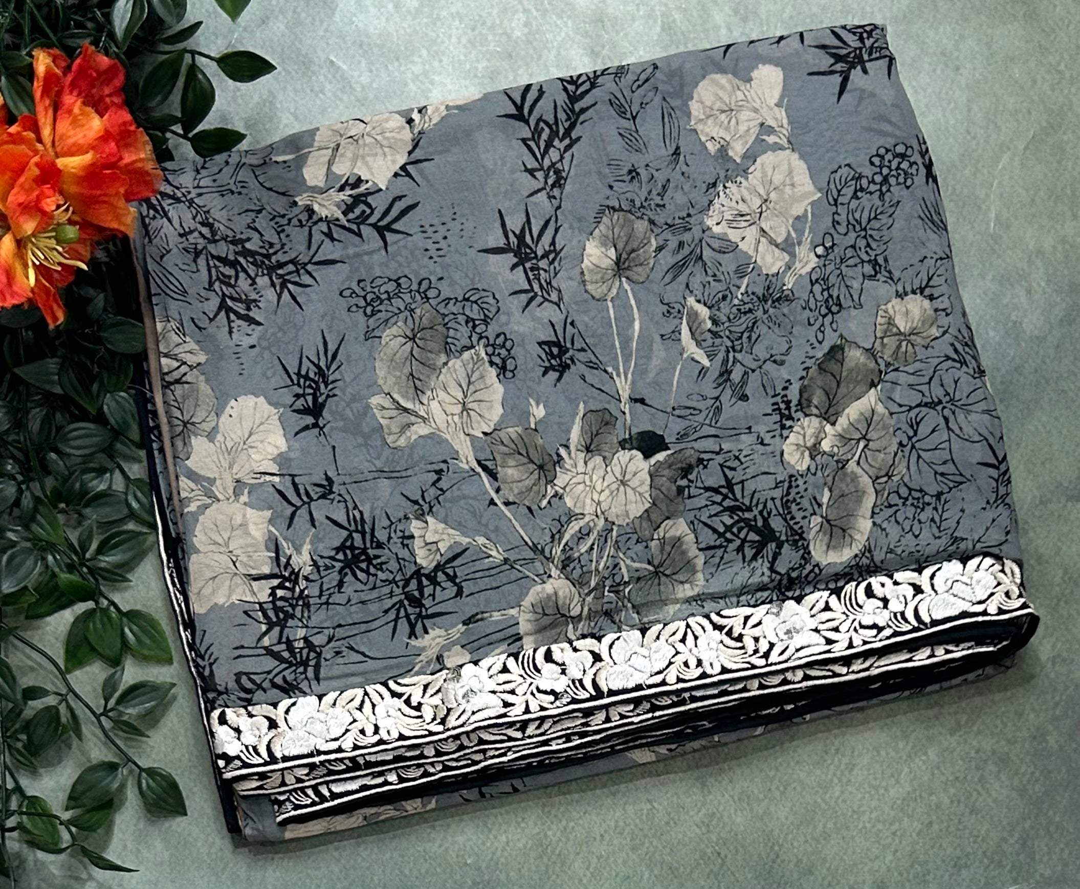 Dark grey digital printed border 104 chinnon saree